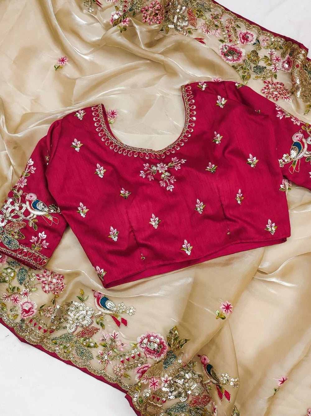 Jimmy choo saree with thread work and sequence work with Ready made blouse.
