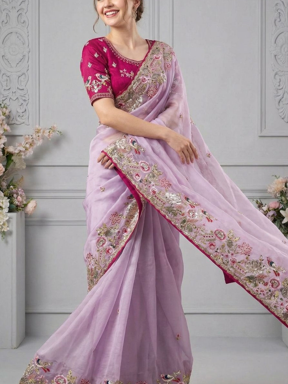 Jimmy choo saree with thread work and sequence work with Ready made blouse.