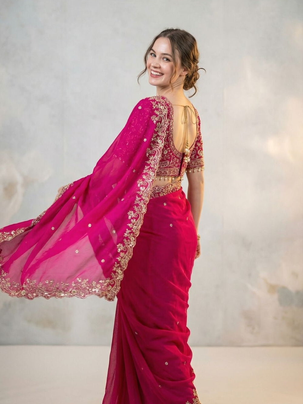 Fancy satin silk saree with sequence work and Ready made blouse.