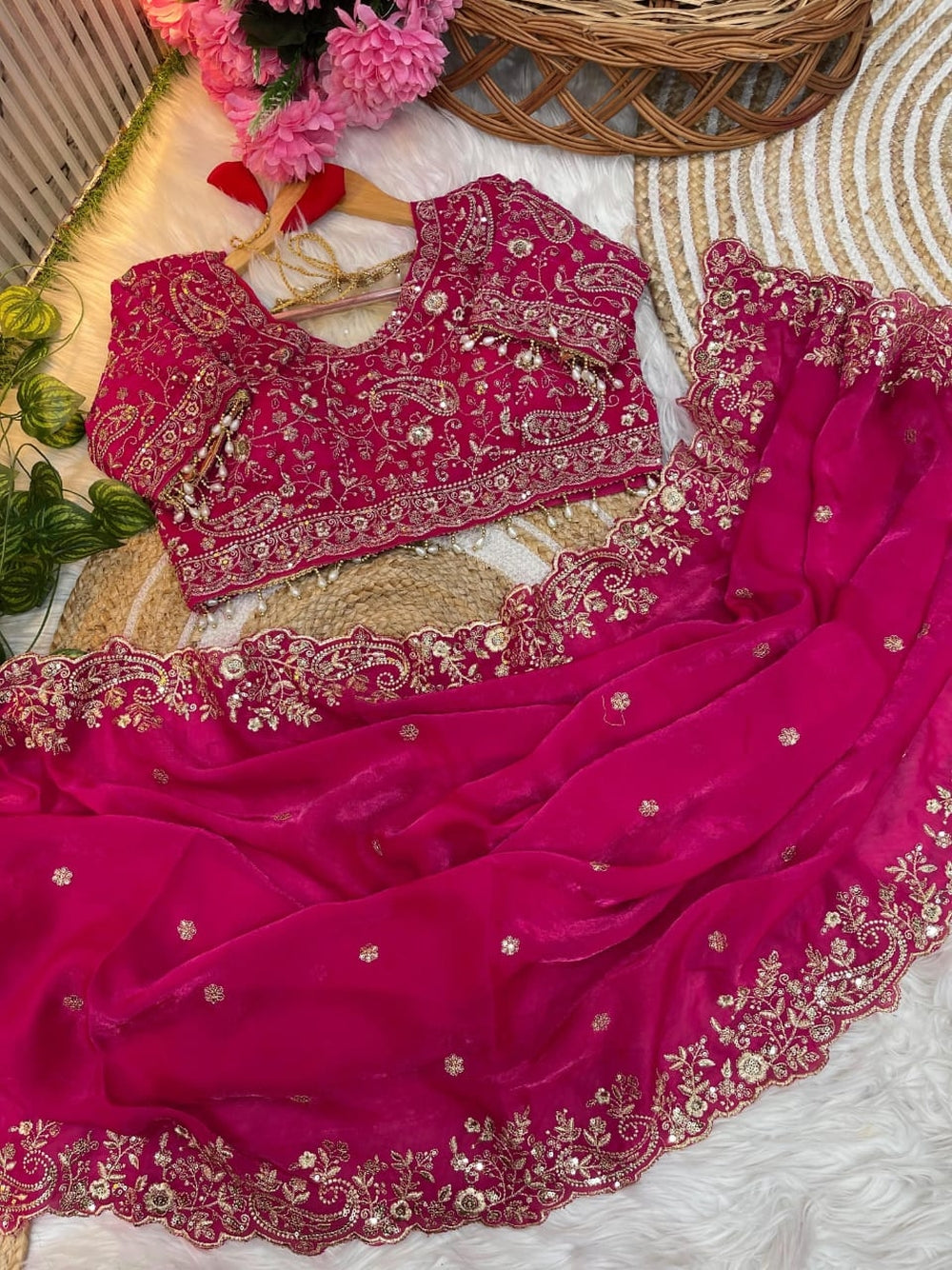 Fancy satin silk saree with sequence work and Ready made blouse.