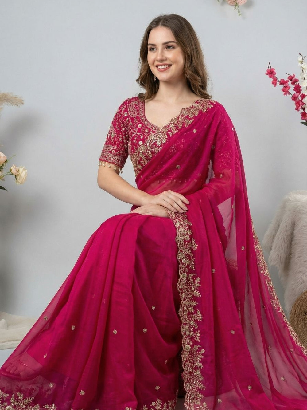 Fancy satin silk saree with sequence work and Ready made blouse.