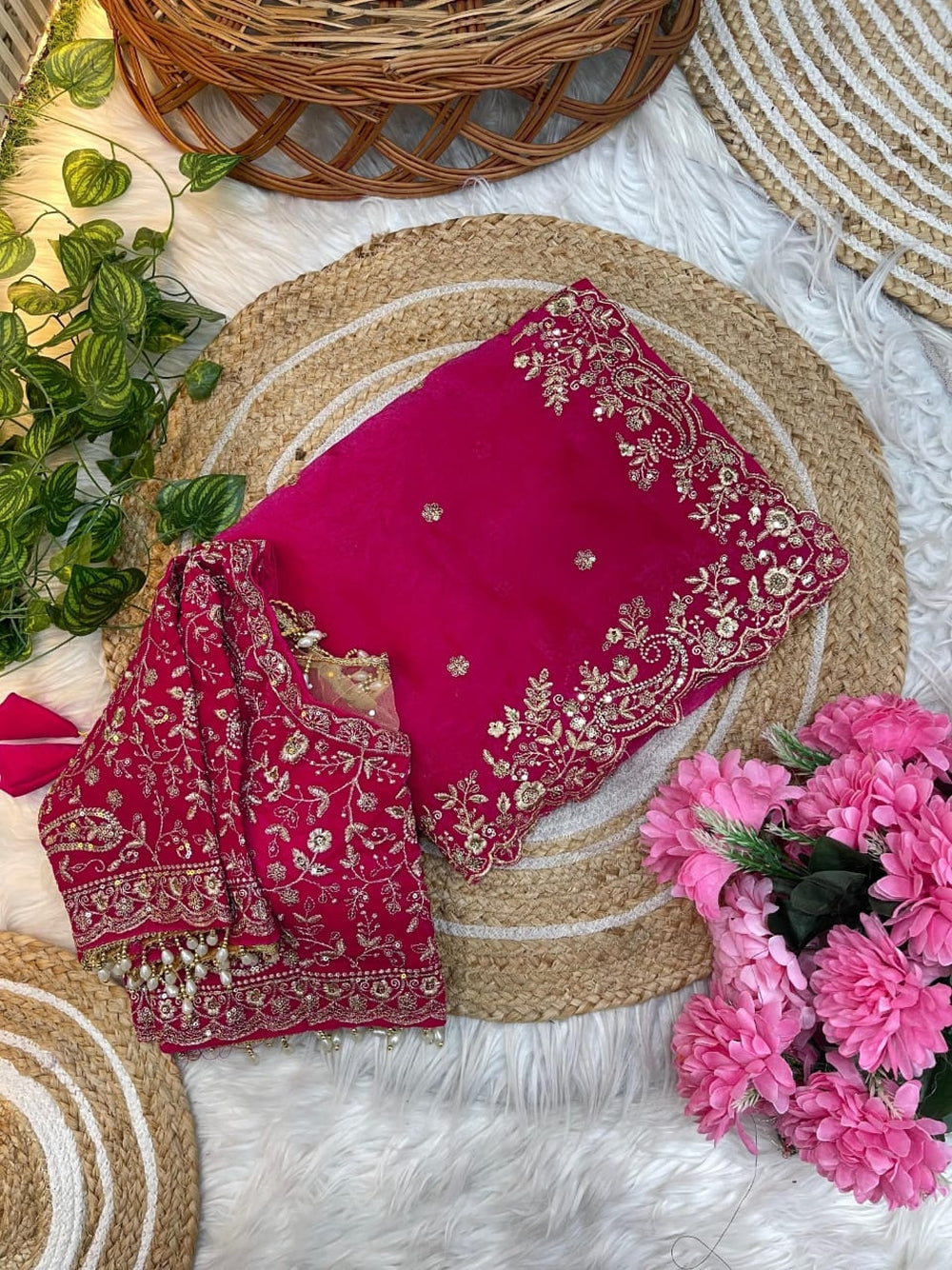 Fancy satin silk saree with sequence work and Ready made blouse.