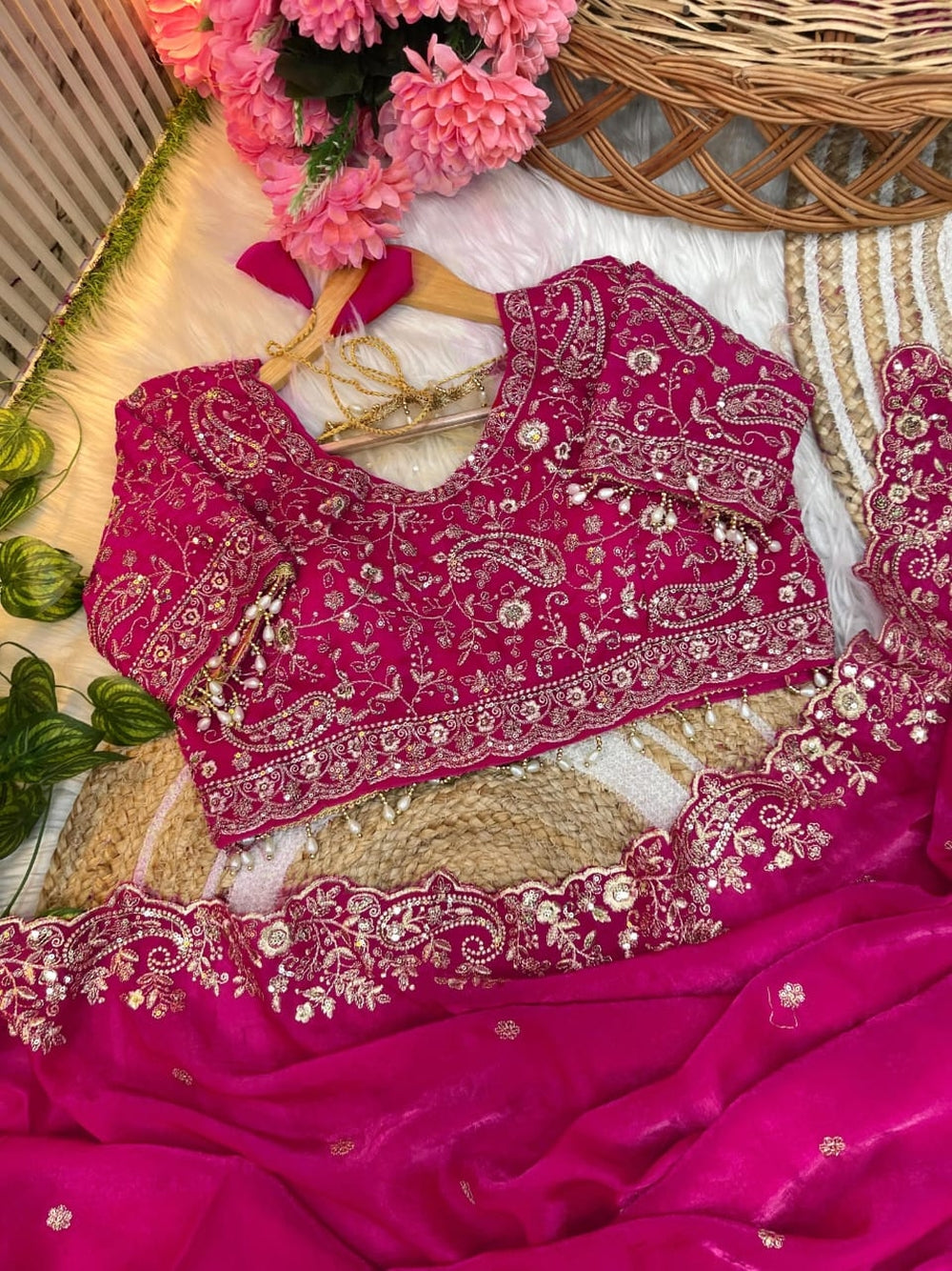 Fancy satin silk saree with sequence work and Ready made blouse.