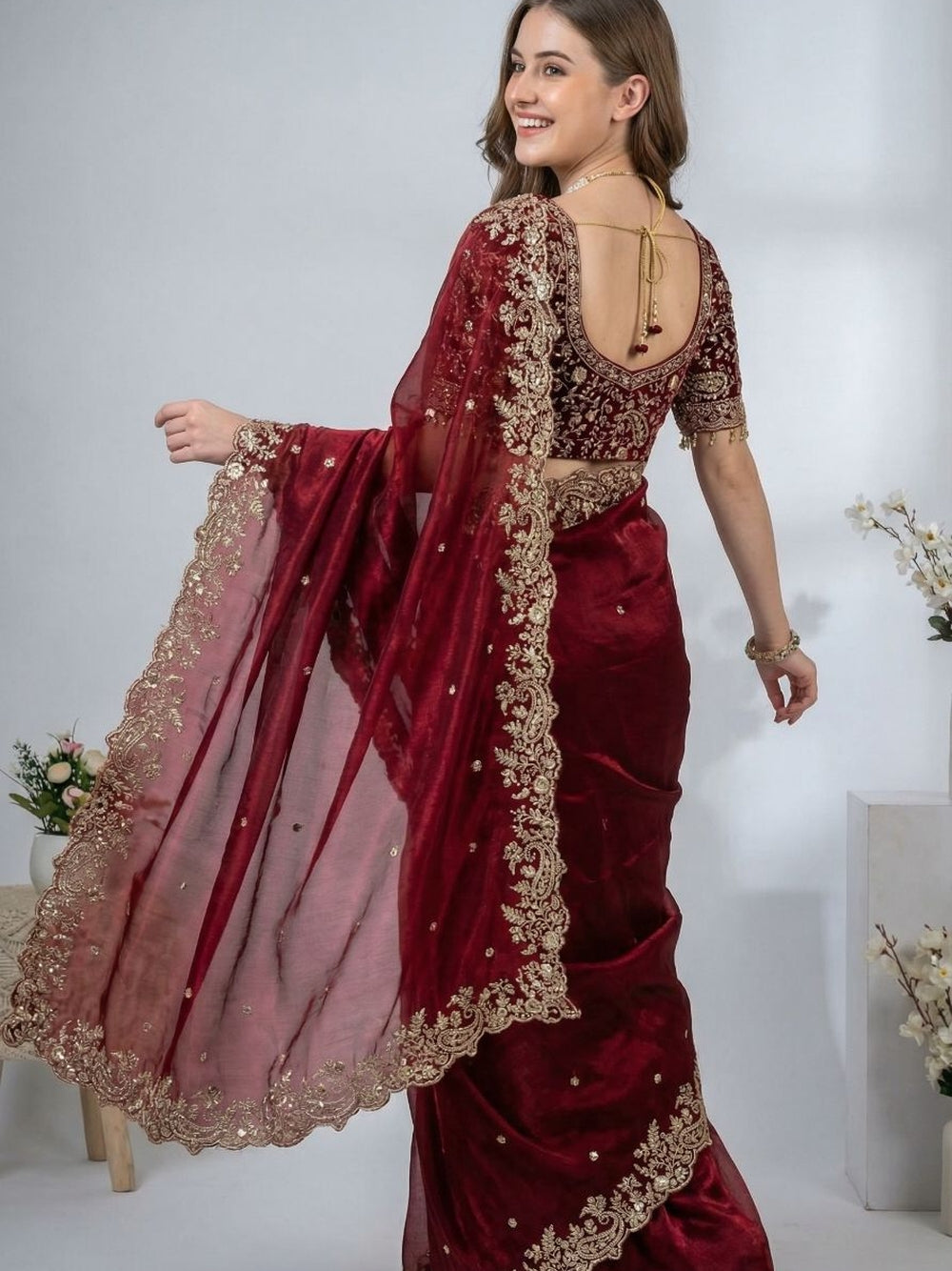Fancy satin silk saree with sequence work and Ready made blouse.
