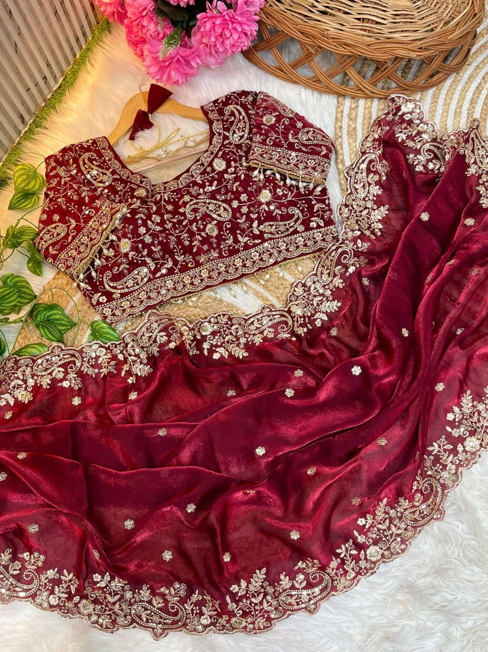 Fancy satin silk saree with sequence work and Ready made blouse.