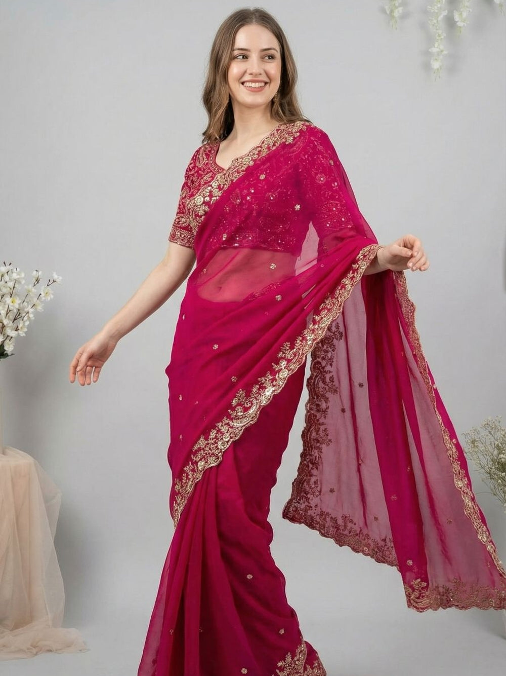 Fancy satin silk saree with sequence work and Ready made blouse.