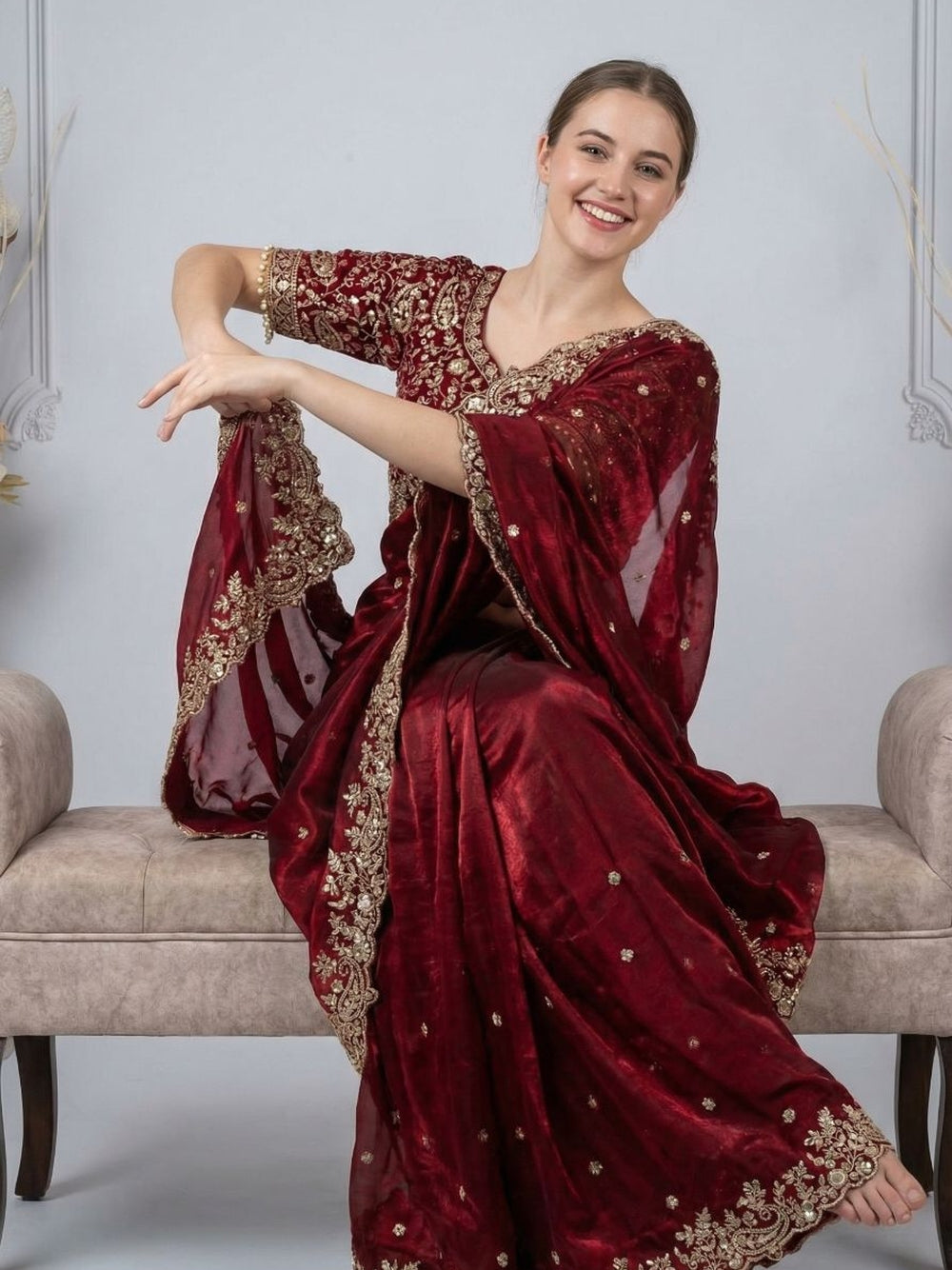Fancy satin silk saree with sequence work and Ready made blouse.