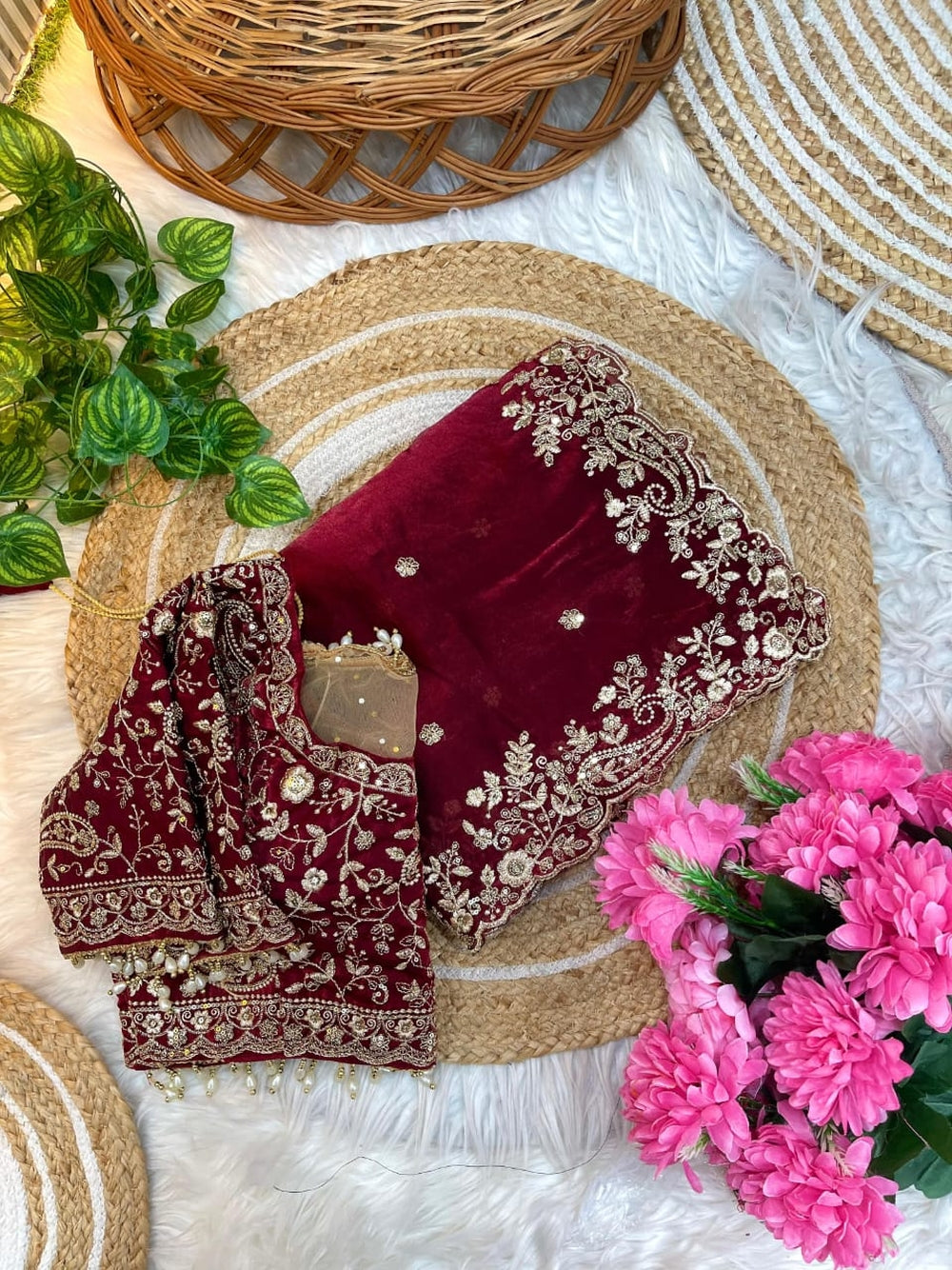 Fancy satin silk saree with sequence work and Ready made blouse.