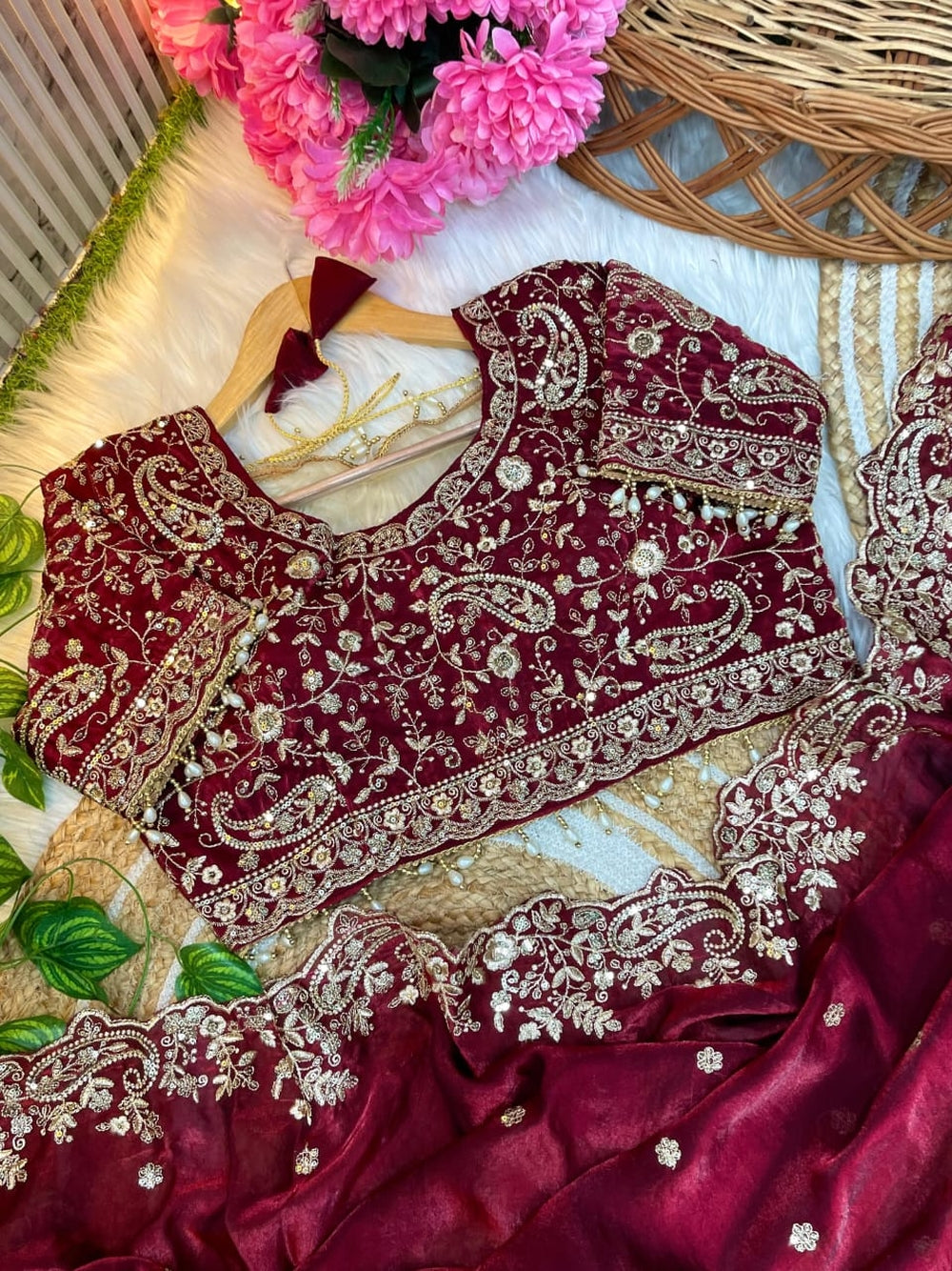 Fancy satin silk saree with sequence work and Ready made blouse.