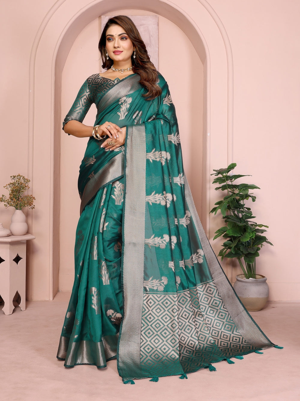 Fancy organza silk banarasi saree with zari weaving work.