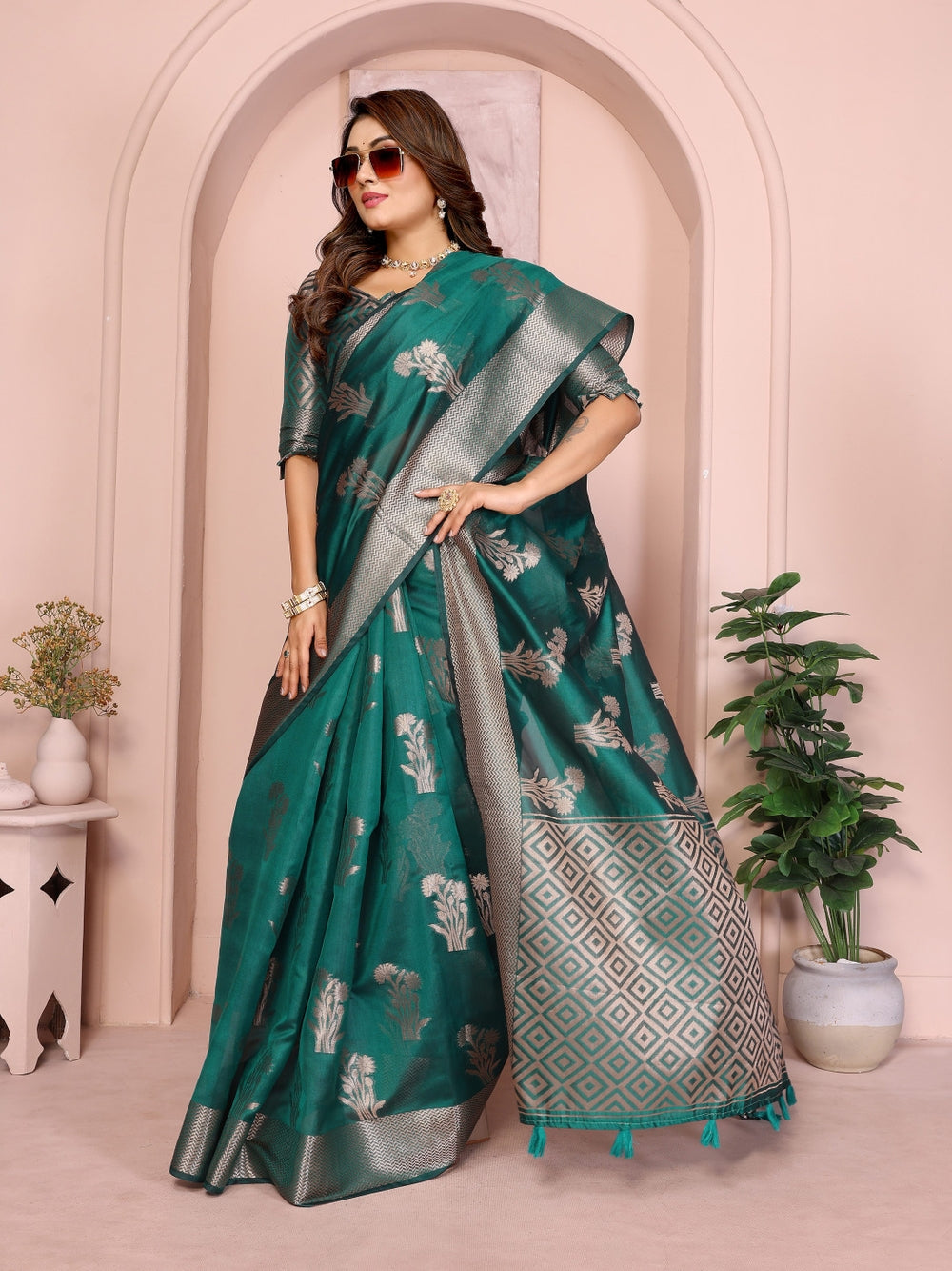 Fancy organza silk banarasi saree with zari weaving work.
