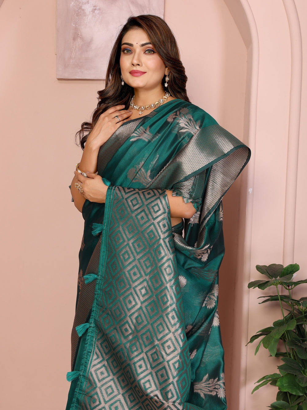 Fancy organza silk banarasi saree with zari weaving work.
