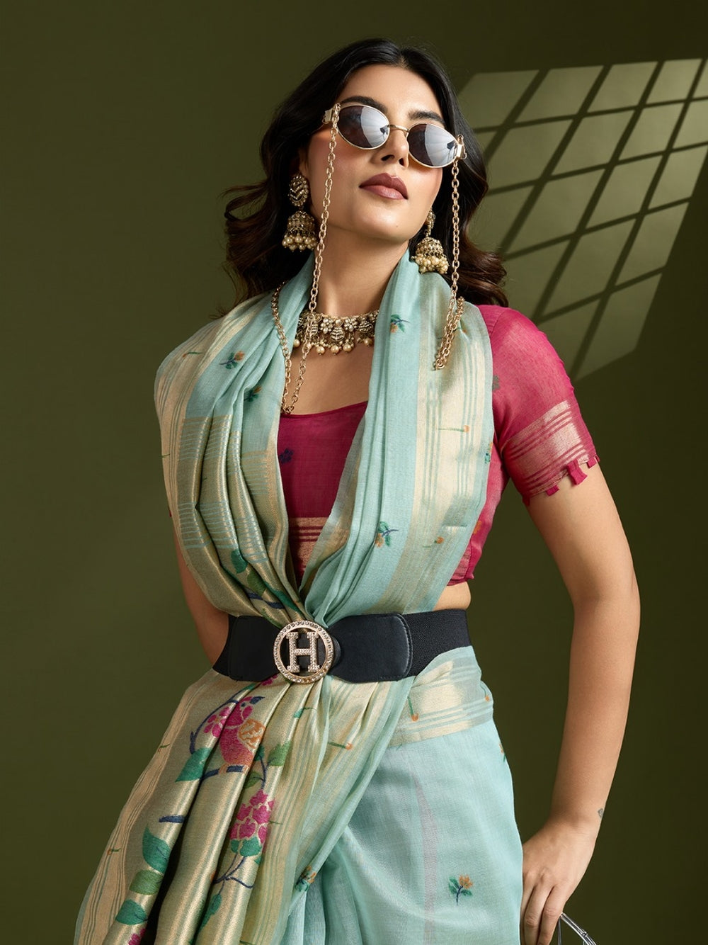Sky blue premium muga cotton paithani saree with classic resham weaving paithani pallu and zari weaving border.