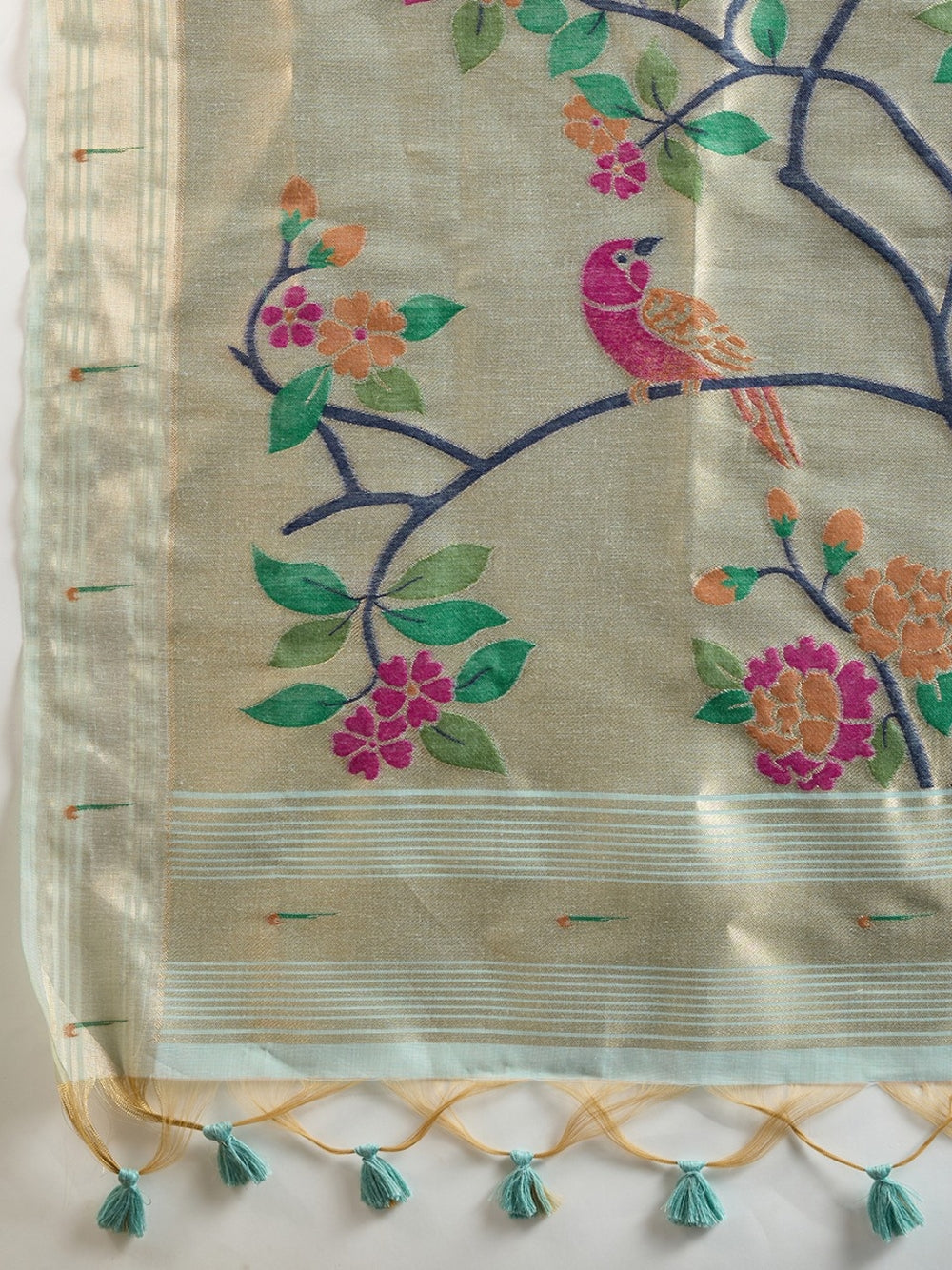 Sky blue premium muga cotton paithani saree with classic resham weaving paithani pallu and zari weaving border.