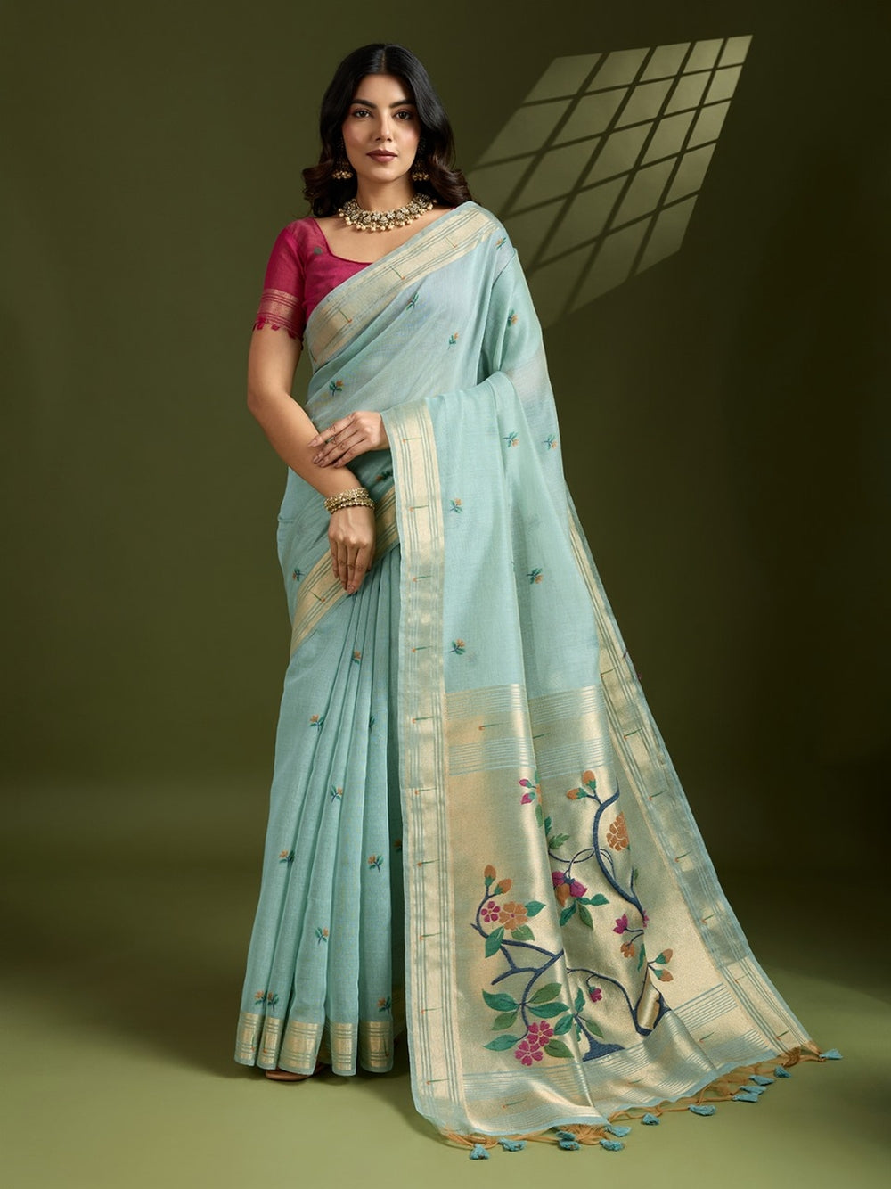 Sky blue premium muga cotton paithani saree with classic resham weaving paithani pallu and zari weaving border.