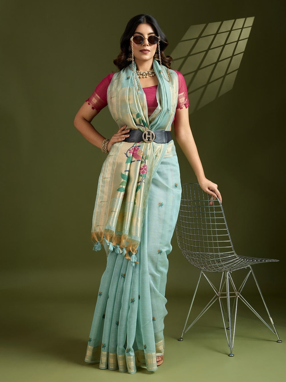 Sky blue premium muga cotton paithani saree with classic resham weaving paithani pallu and zari weaving border.