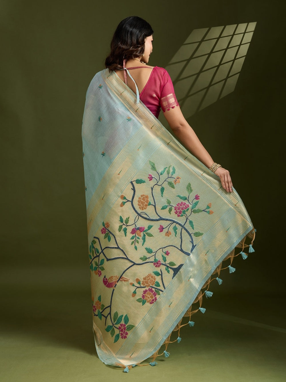 Sky blue premium muga cotton paithani saree with classic resham weaving paithani pallu and zari weaving border.
