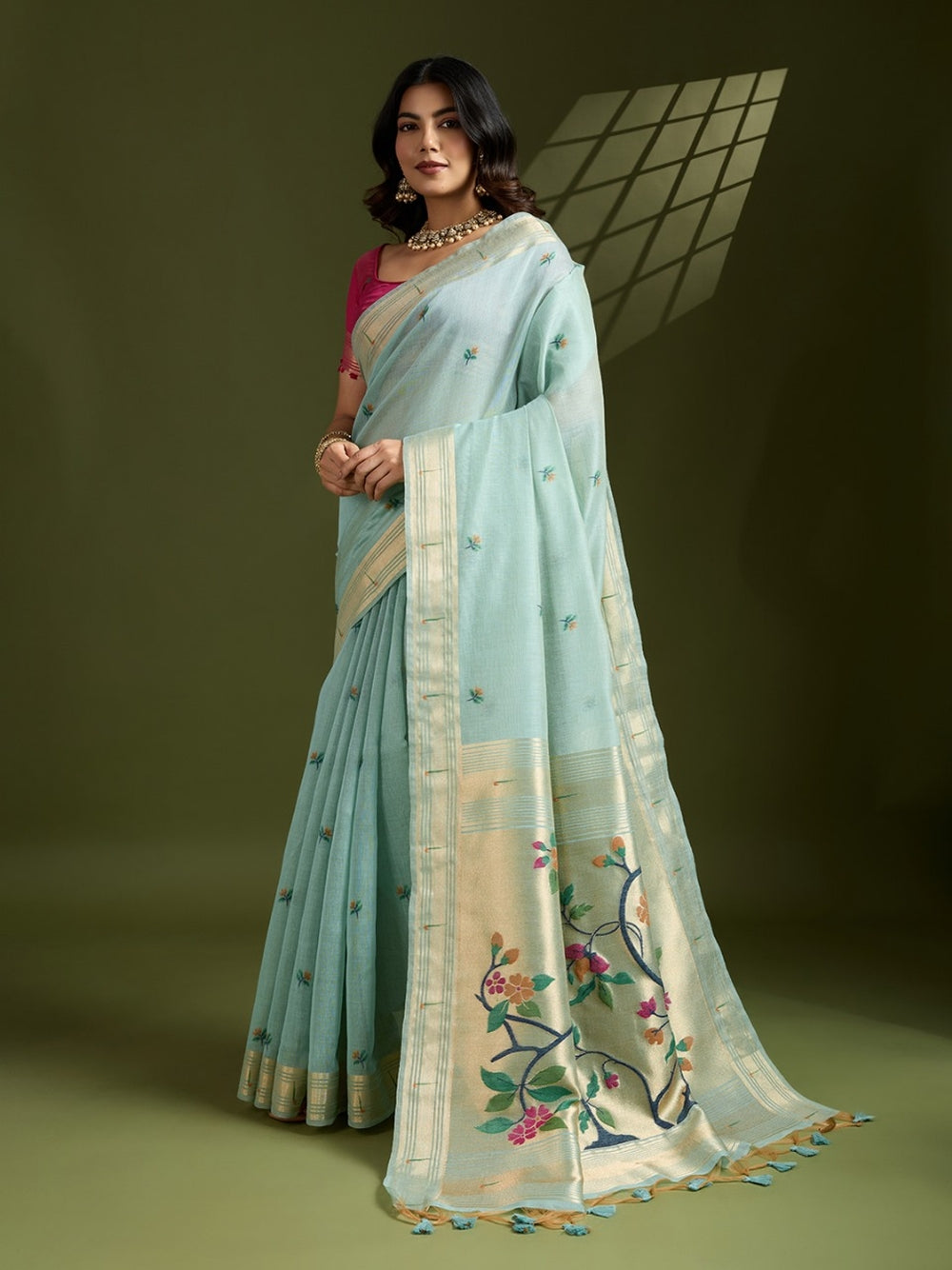 Sky blue premium muga cotton paithani saree with classic resham weaving paithani pallu and zari weaving border.