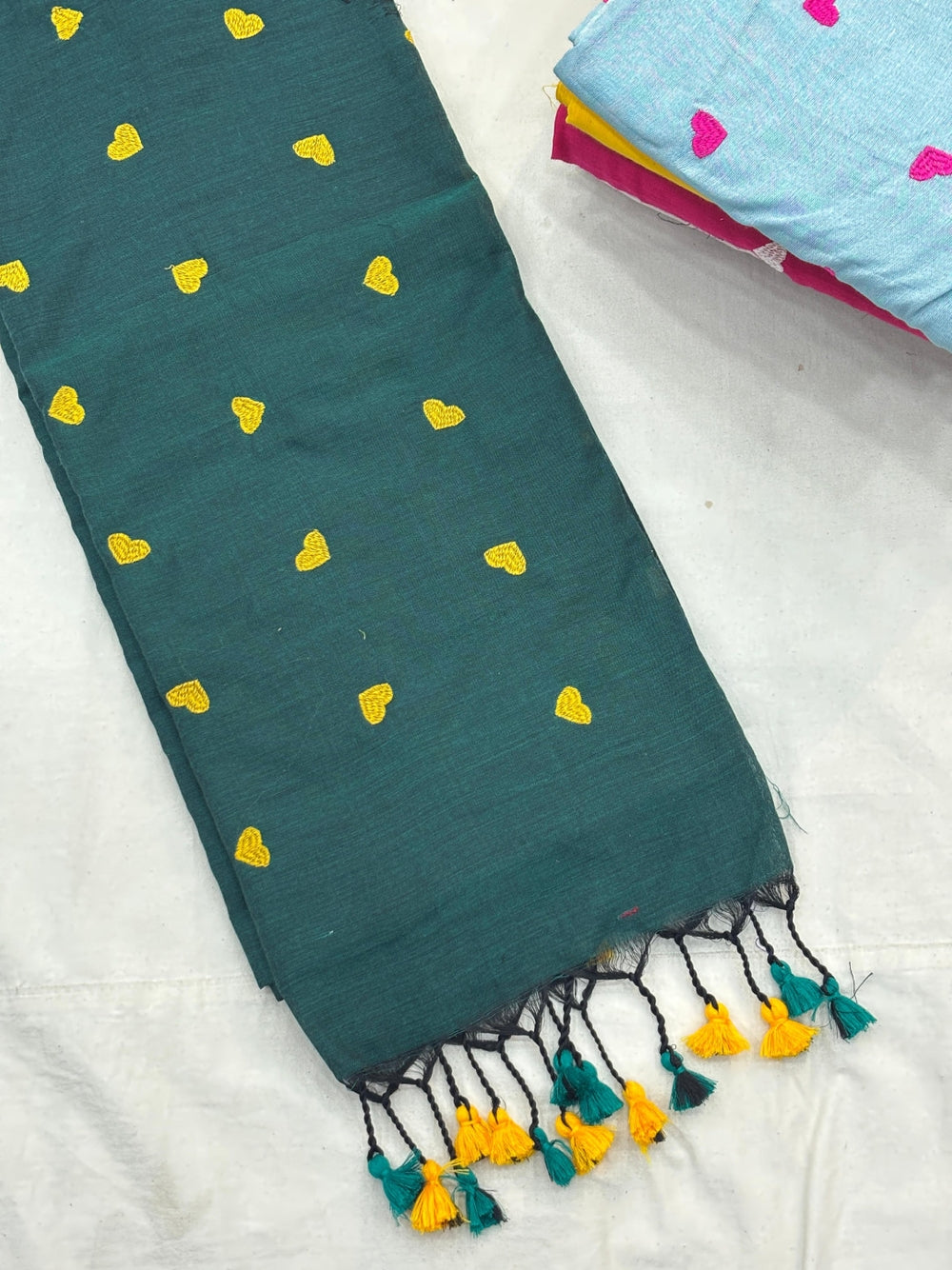 Khadi cotton saree with beautiful heart embroidery work.