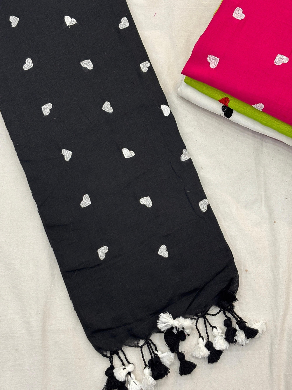 Khadi cotton saree with beautiful heart embroidery work.