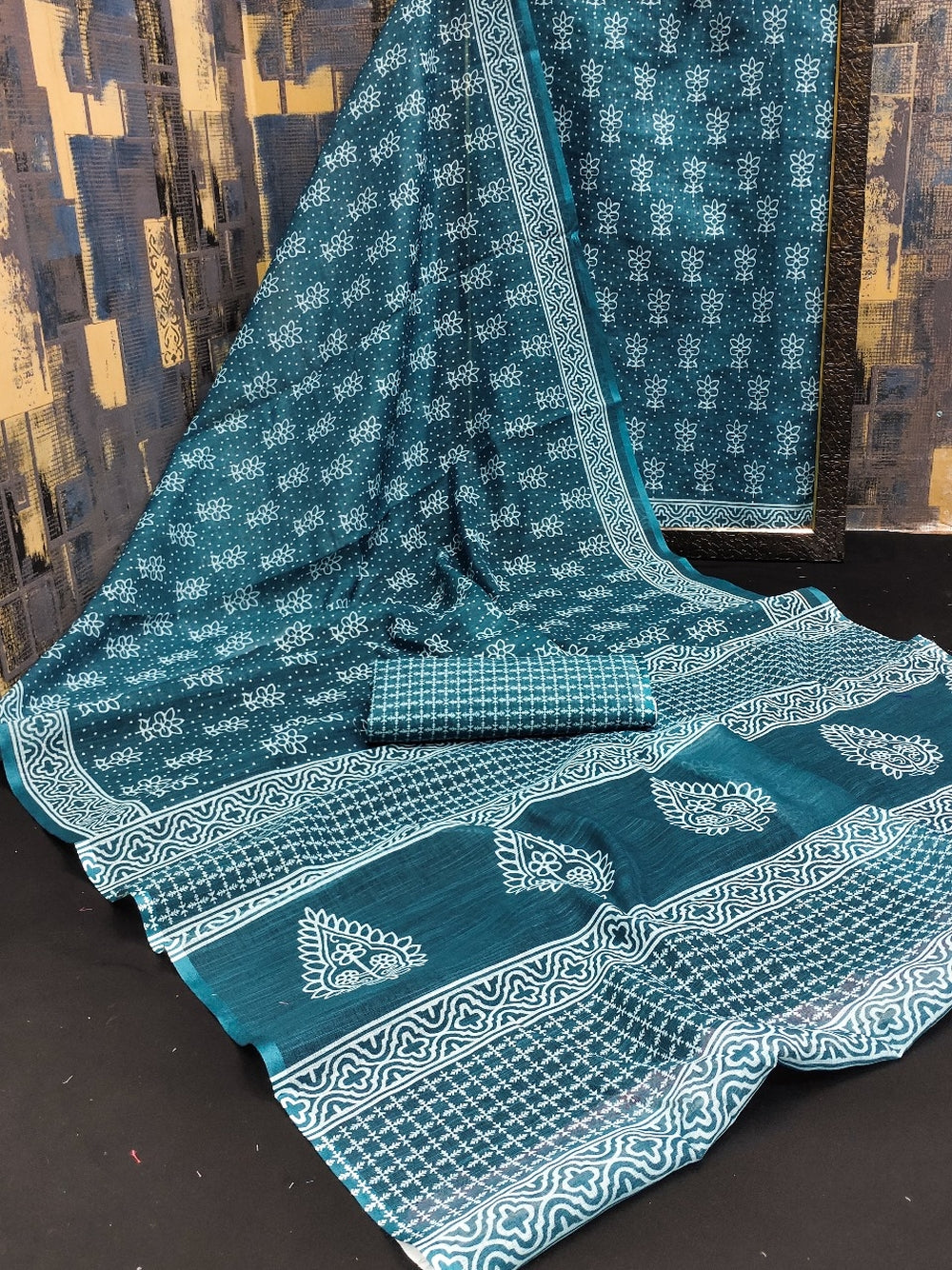 Soft flowy linen cotton saree with digital printed work.