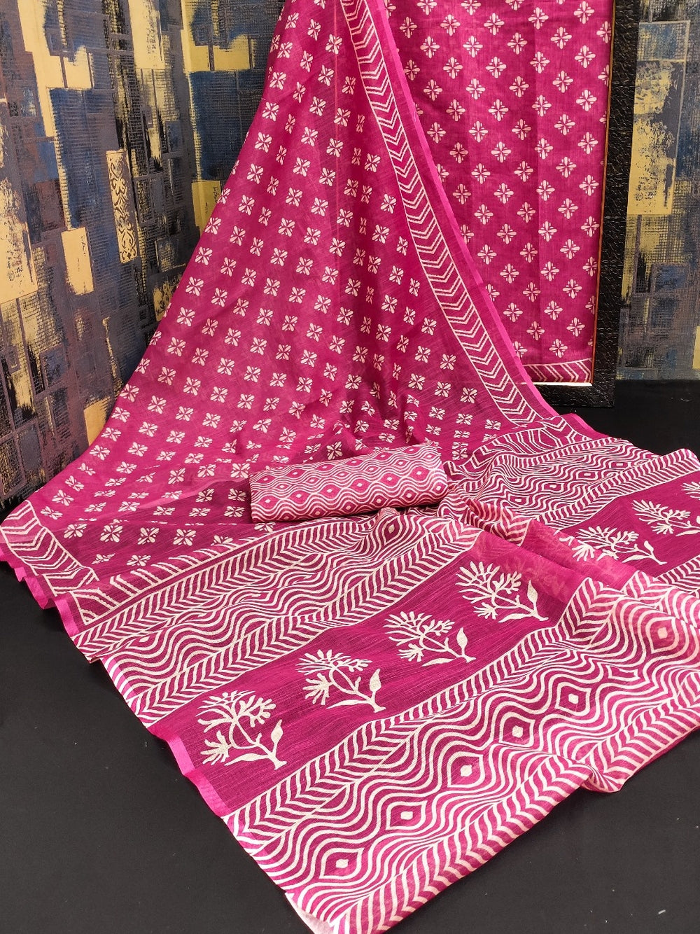 Soft flowy linen cotton saree with digital printed work.
