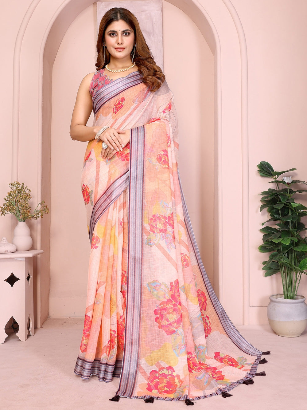 Multi linen cotton saree with digital printed work and silver zari border.