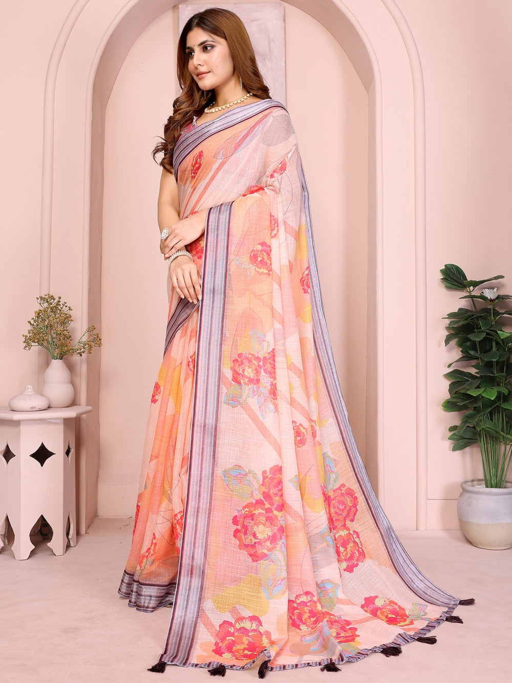 Multi linen cotton saree with digital printed work and silver zari border.