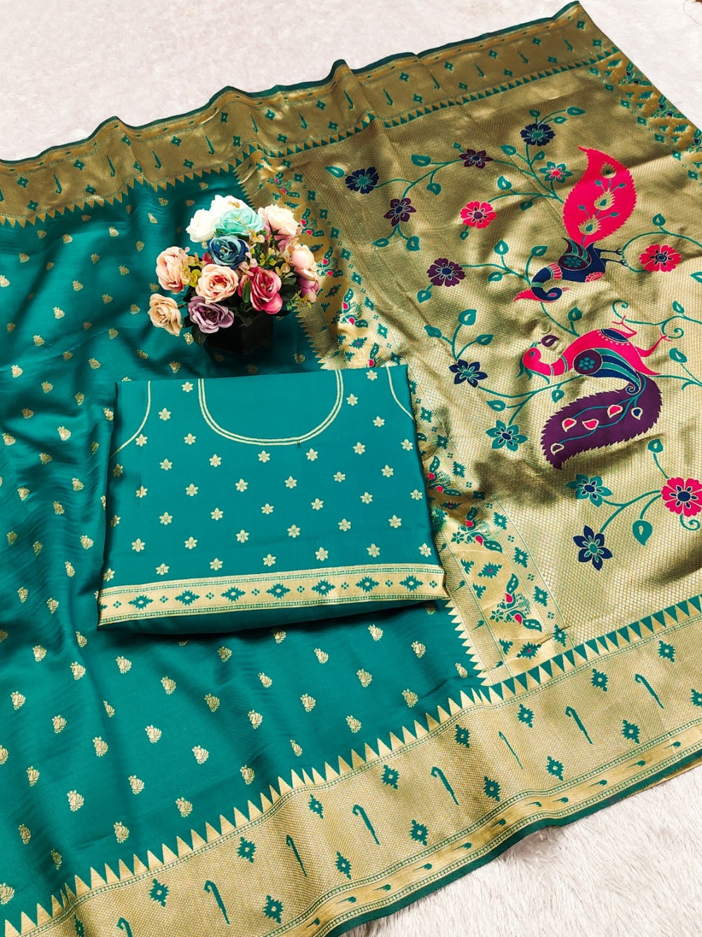 Traditional  paithani silk saree with zari weaving work.