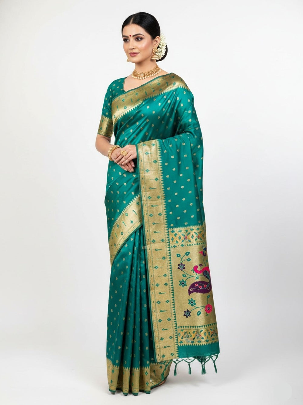 Traditional  paithani silk saree with zari weaving work.