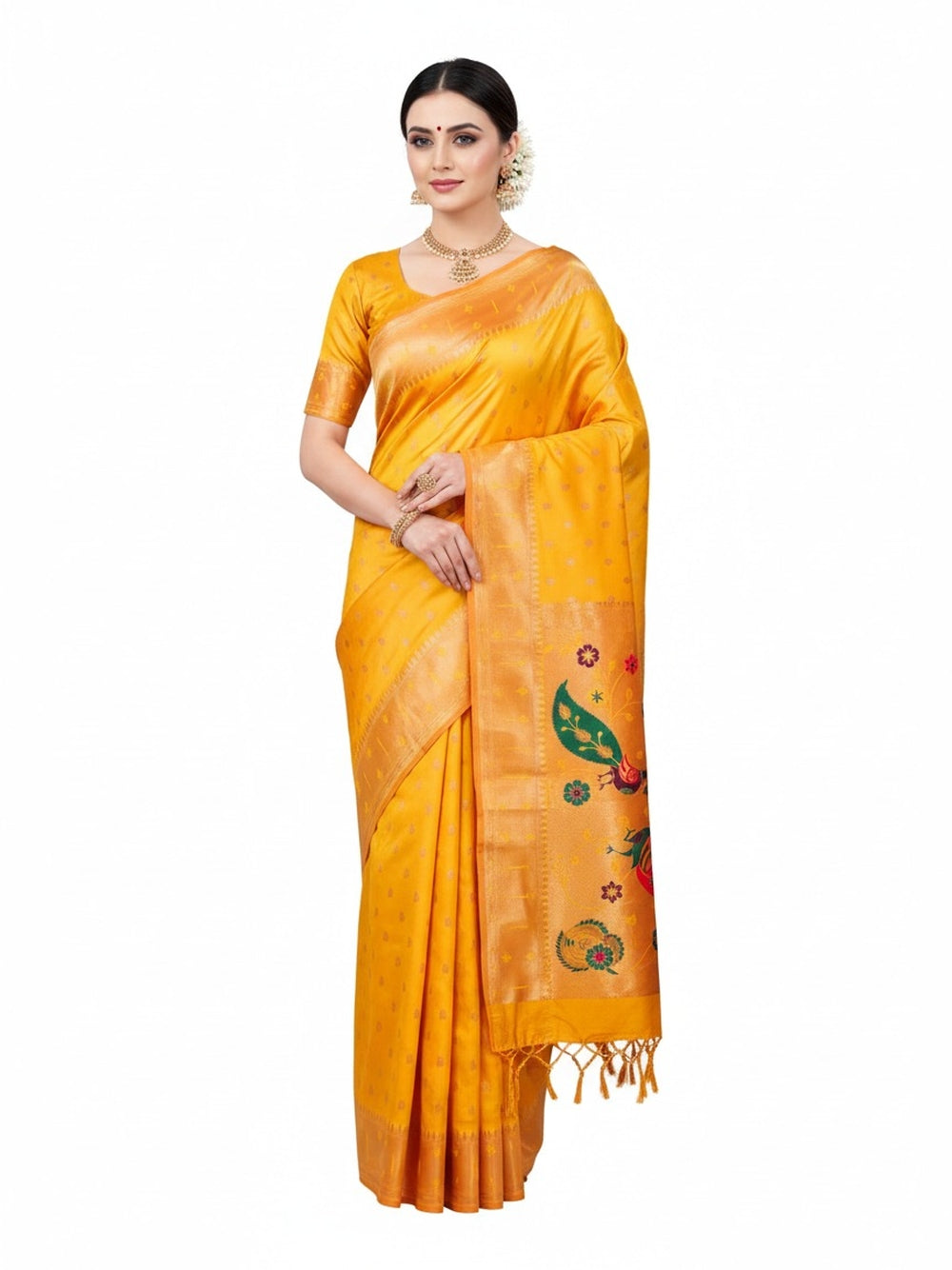 Traditional  paithani silk saree with zari weaving work.