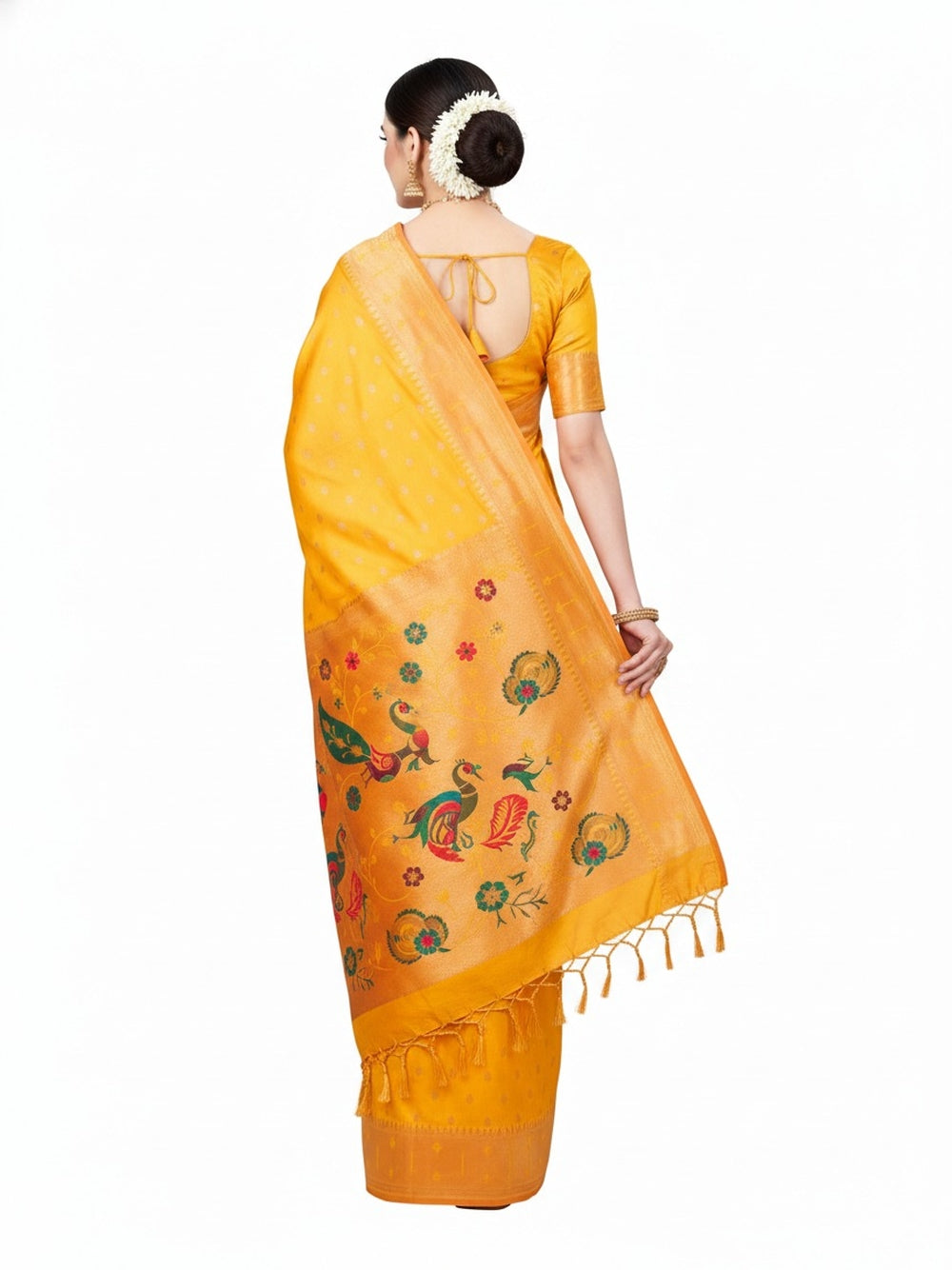 Traditional  paithani silk saree with zari weaving work.