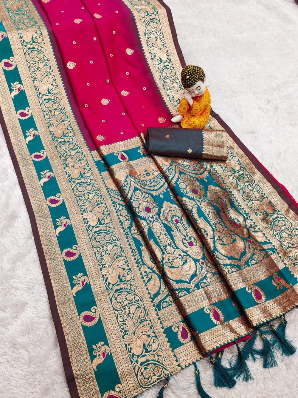 Pure soft banarasi silk saree with meenakari zari weaving work.
