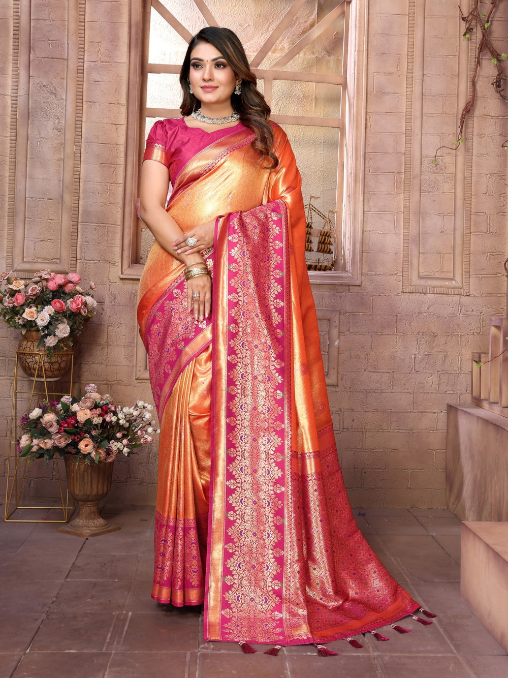 Pure kanchipuram banarasi tissue silk saree with zari weaving work.