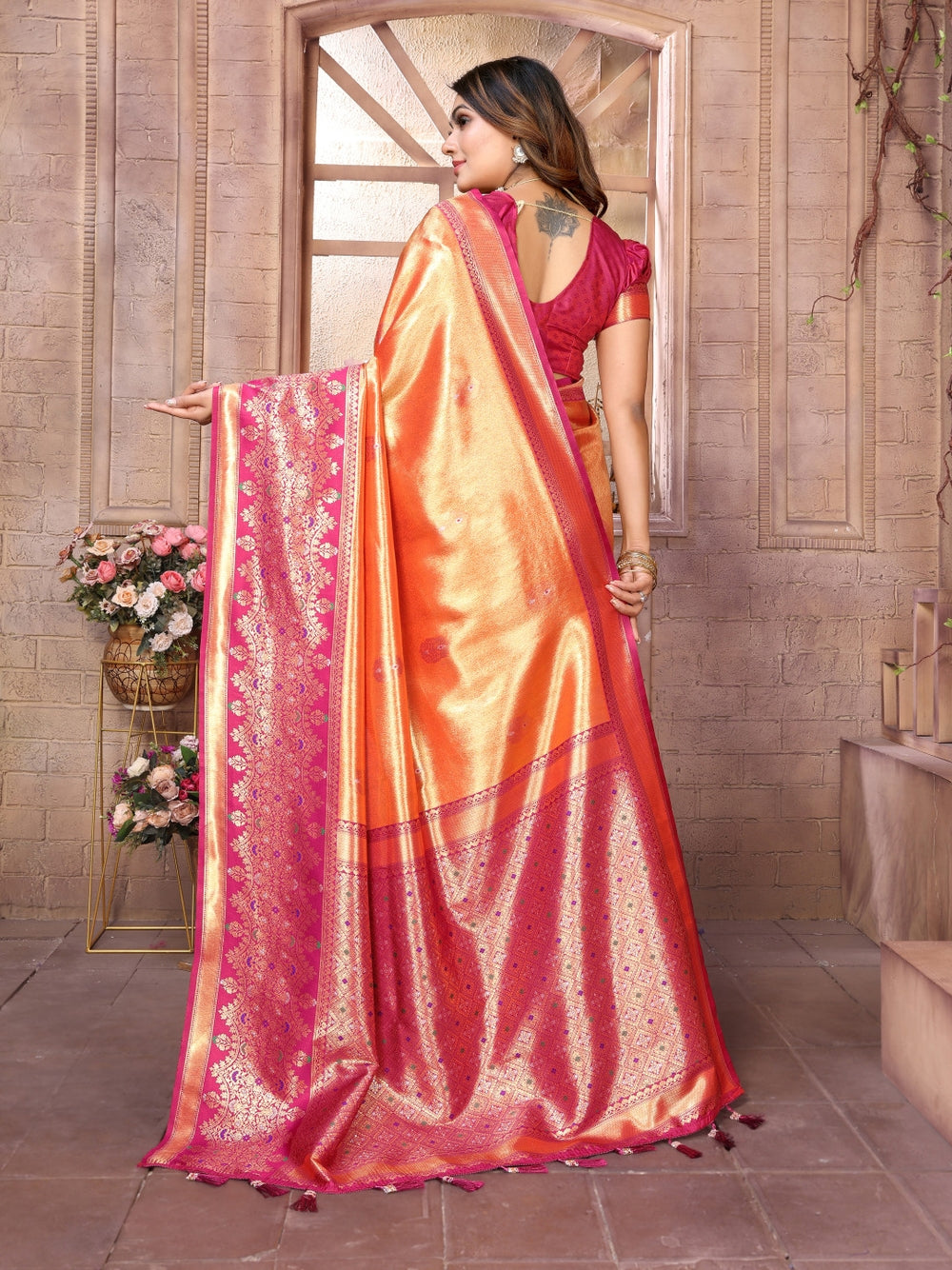 Pure kanchipuram banarasi tissue silk saree with zari weaving work.