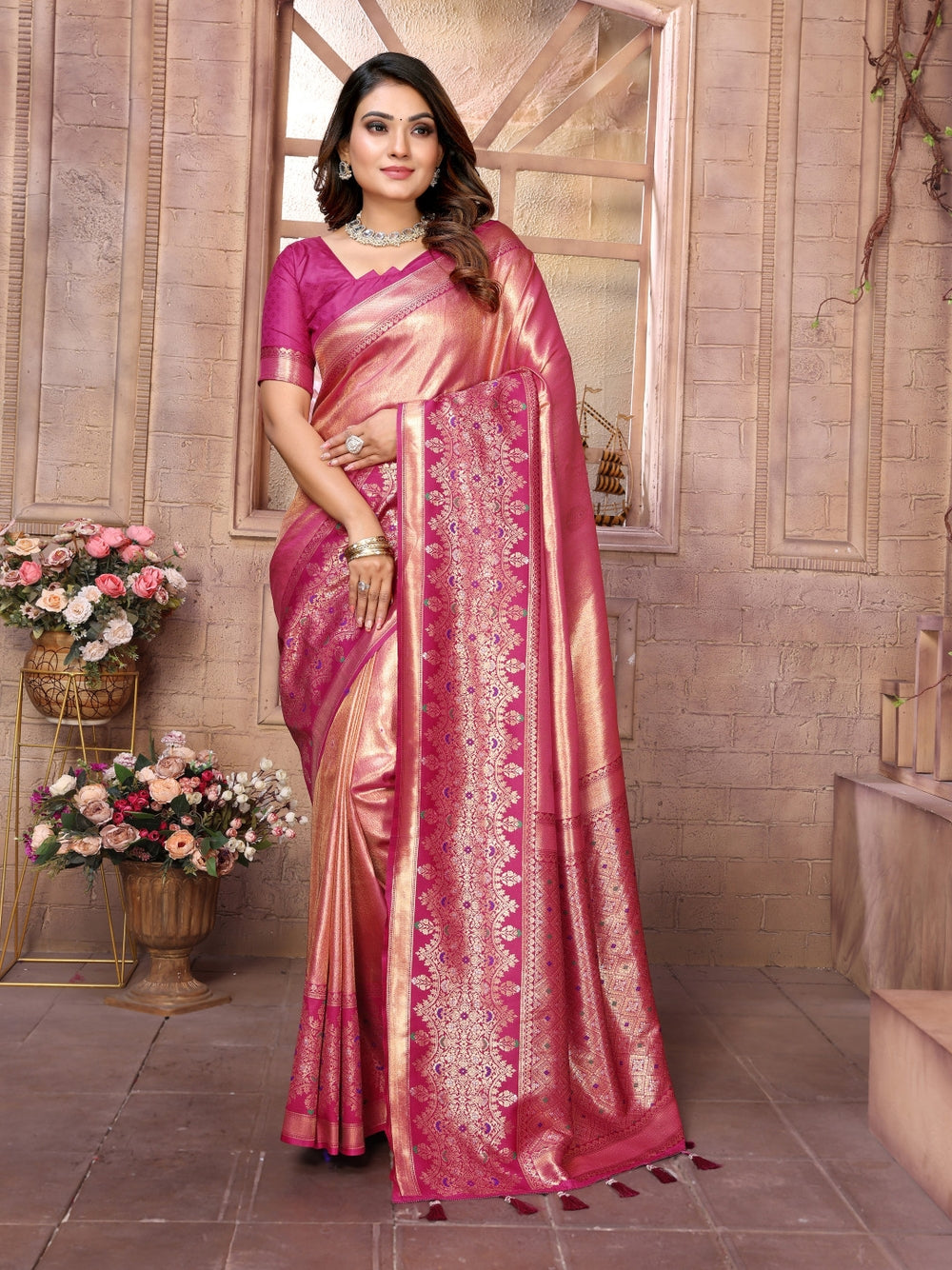 Pure kanchipuram banarasi tissue silk saree with zari weaving work.