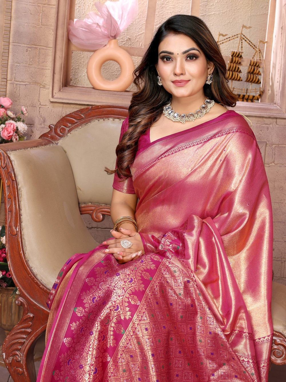 Pure kanchipuram banarasi tissue silk saree with zari weaving work.