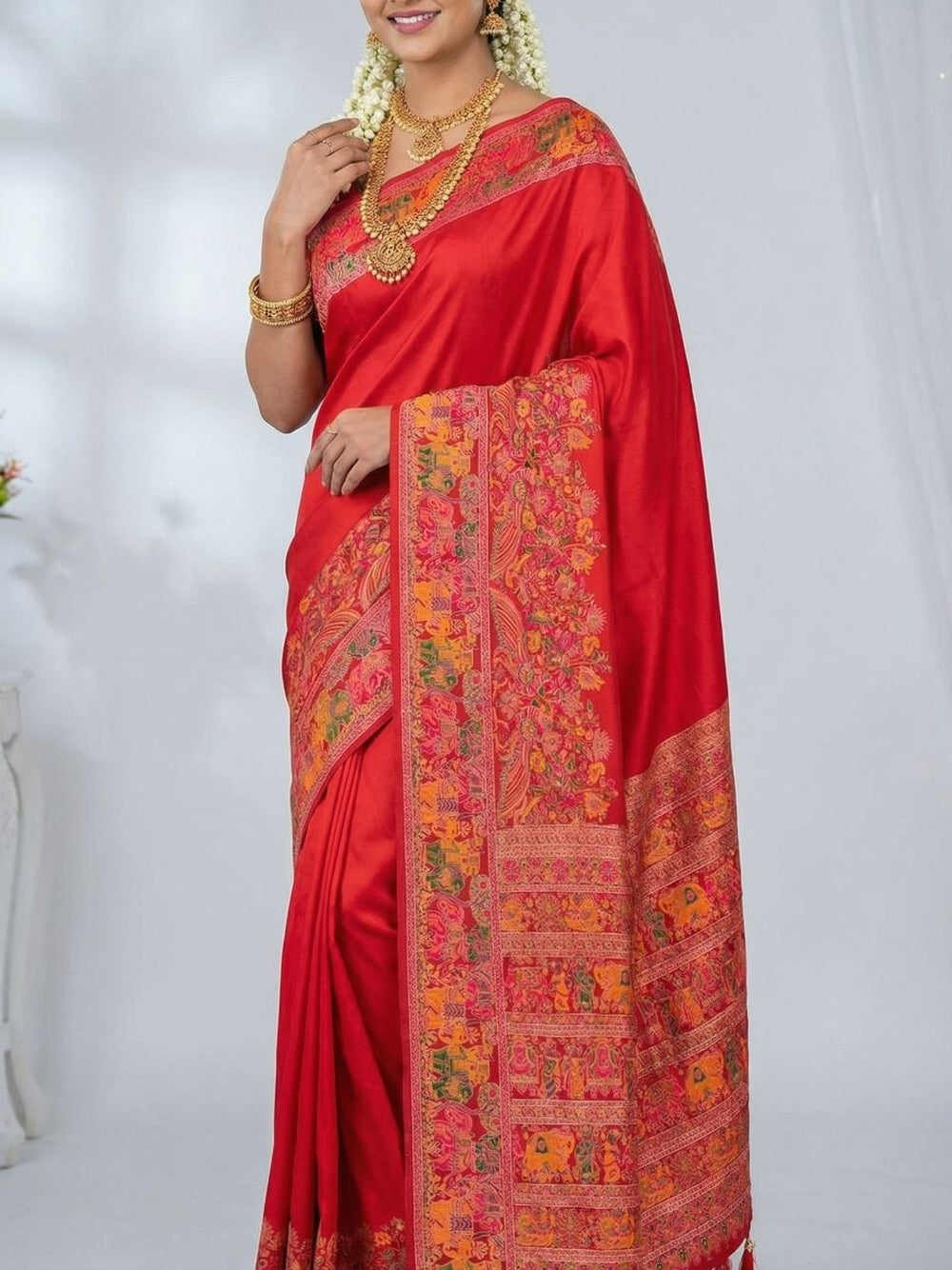 Traditional viscose pashmina silk saree with woven design.