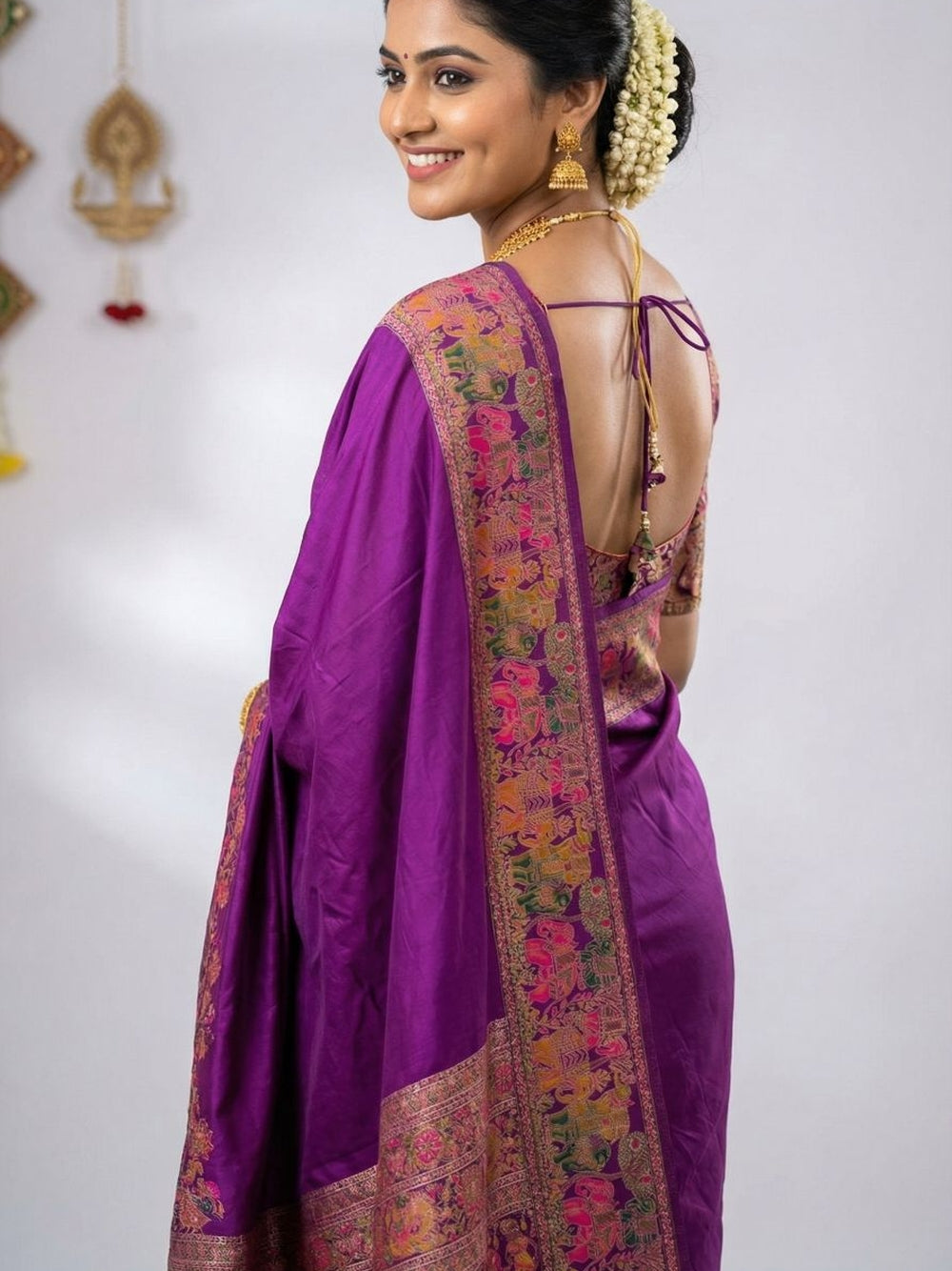 Traditional viscose pashmina silk saree with woven design.