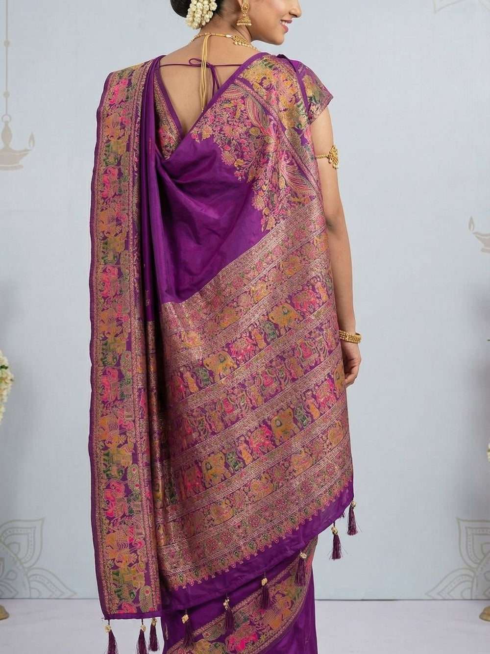 Traditional viscose pashmina silk saree with woven design.