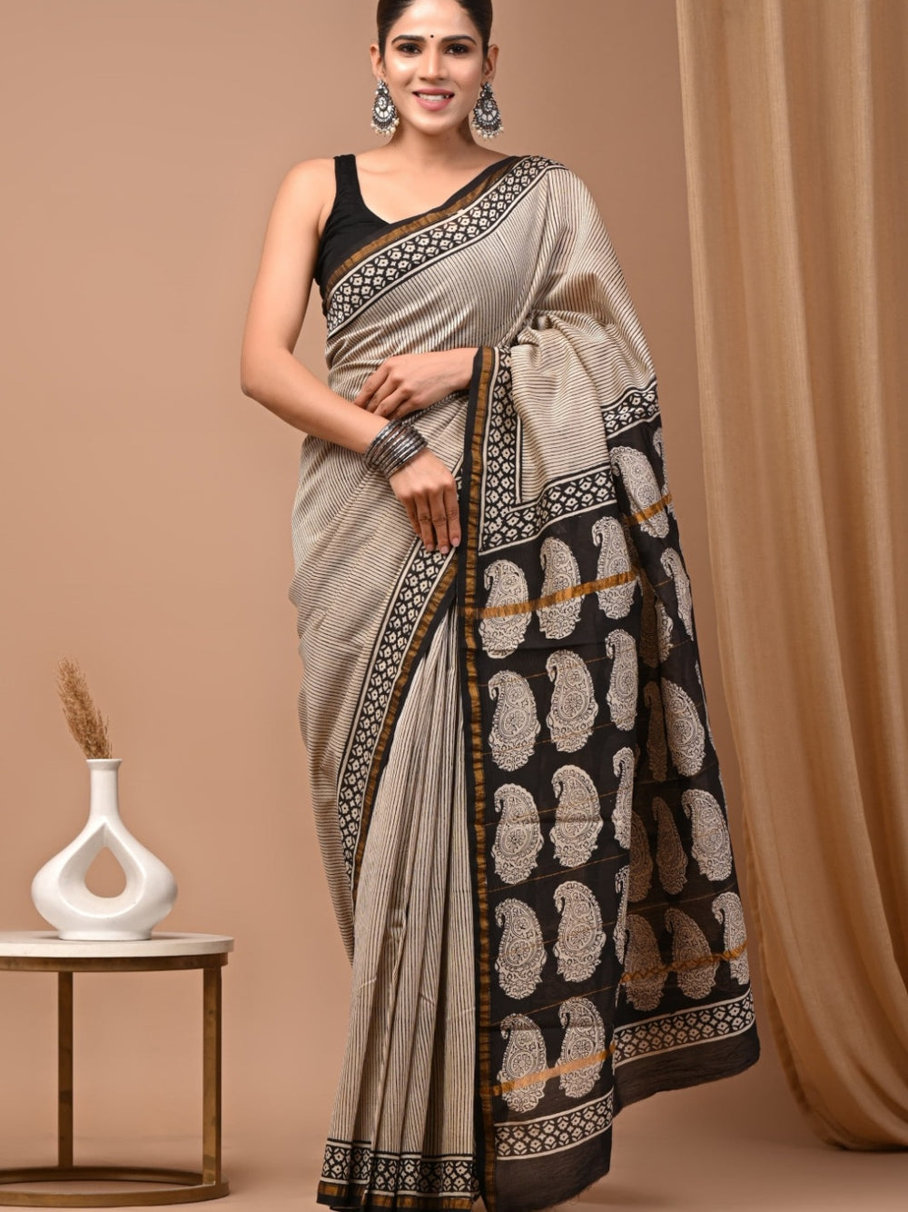 Pure chanderi silk saree with bagru handblock printed work.