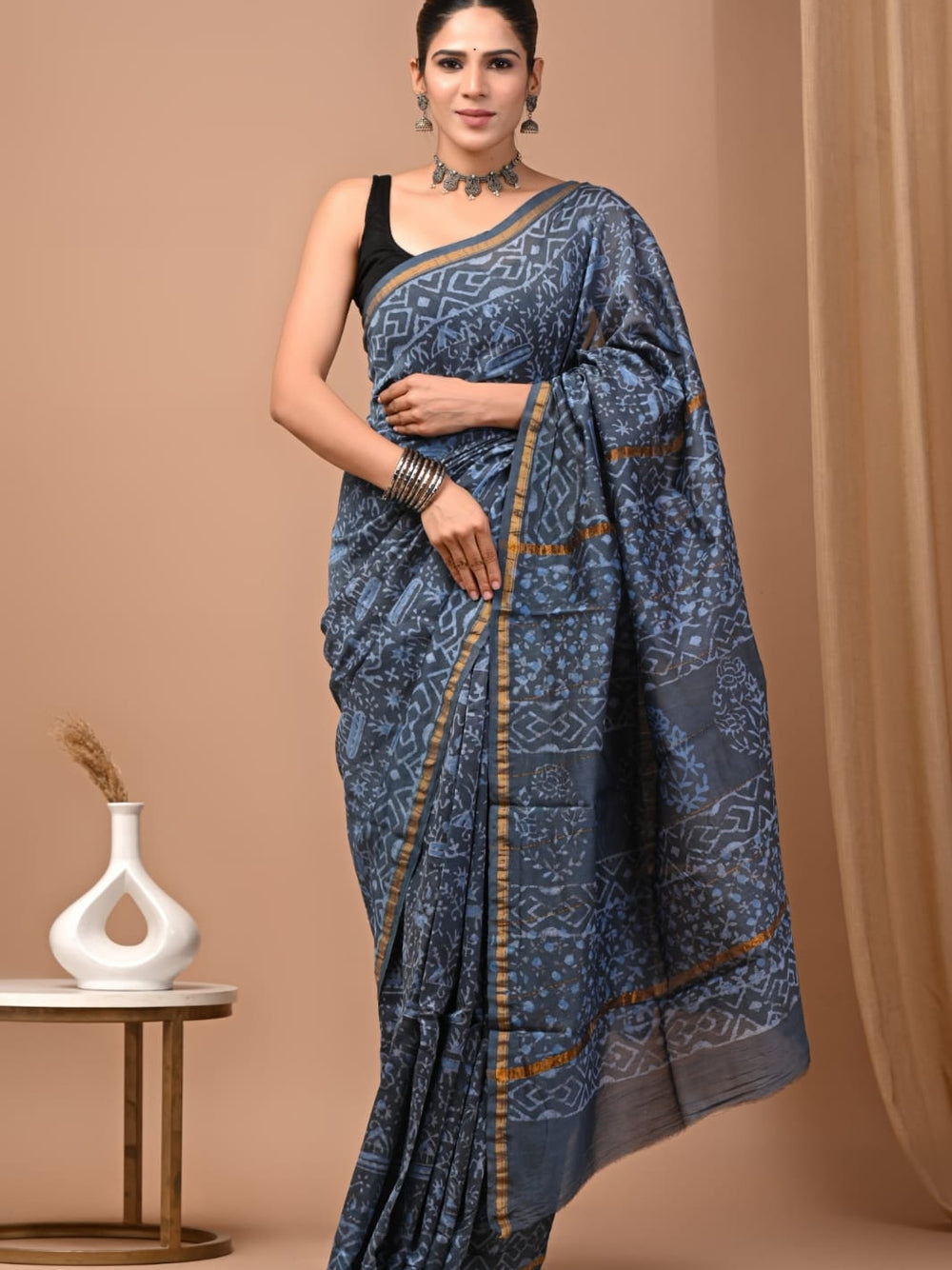 Pure chanderi silk saree with bagru handblock printed work.