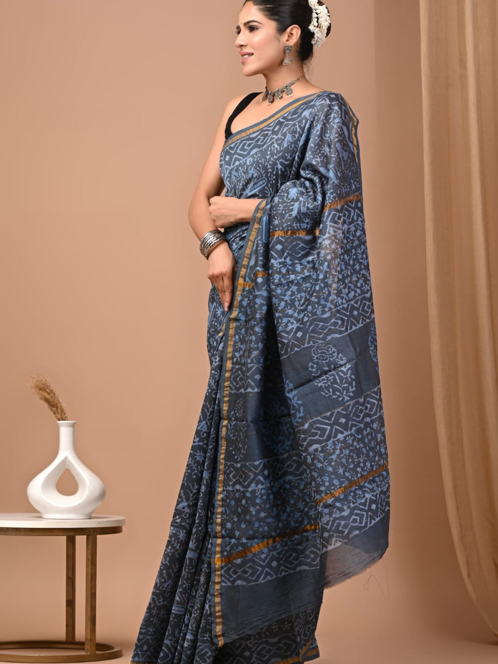 Pure chanderi silk saree with bagru handblock printed work.