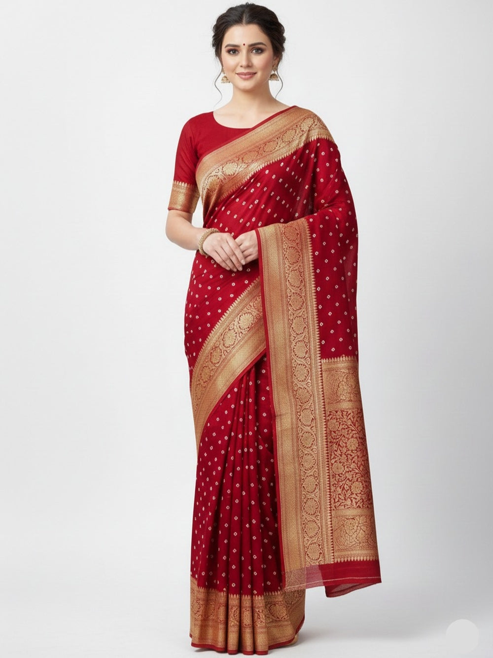 Pure hand bhandhej bandhani saree with kanchi zari weaving border & pallu.