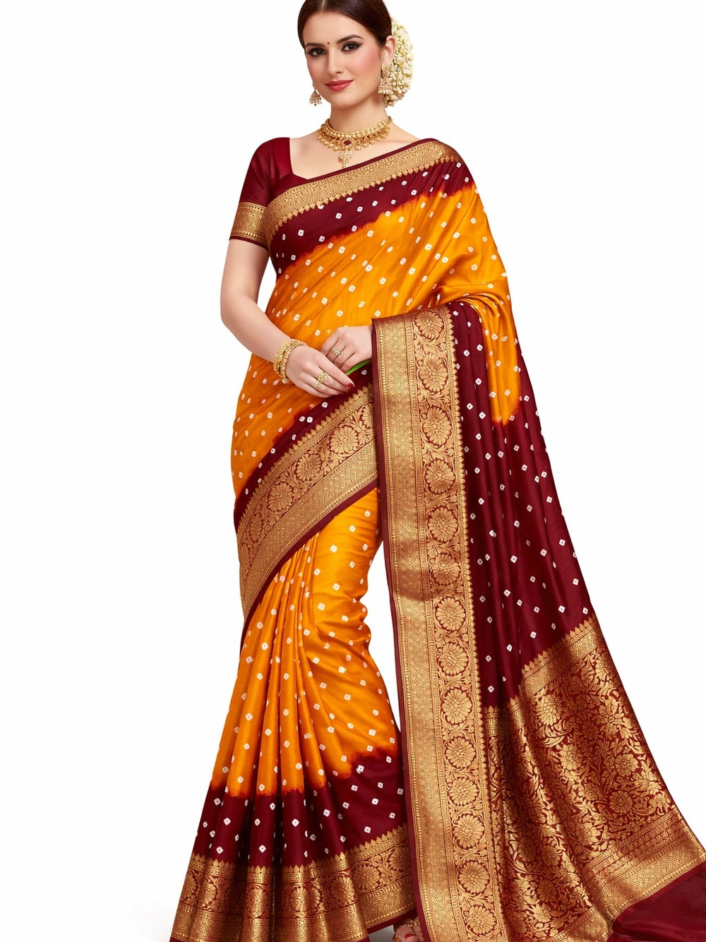 Pure hand bhandhej bandhani saree with kanchi zari weaving border & pallu.