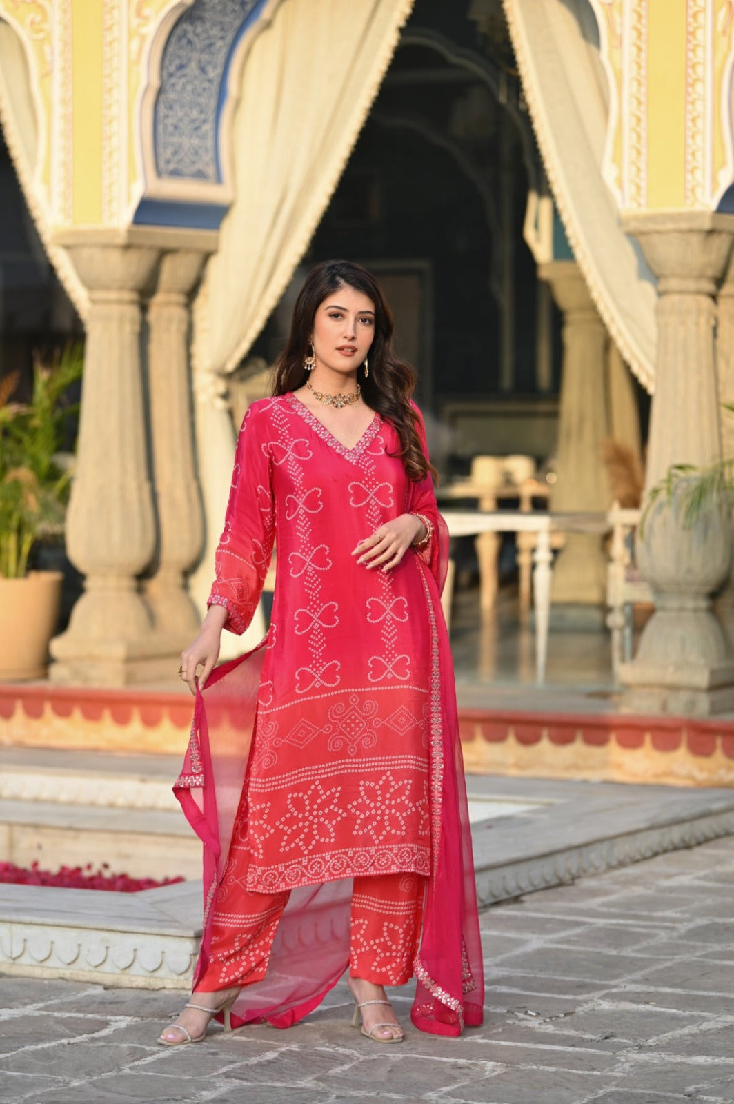 Pink chinon silk kurta and pant set with Embroidered work dupatta