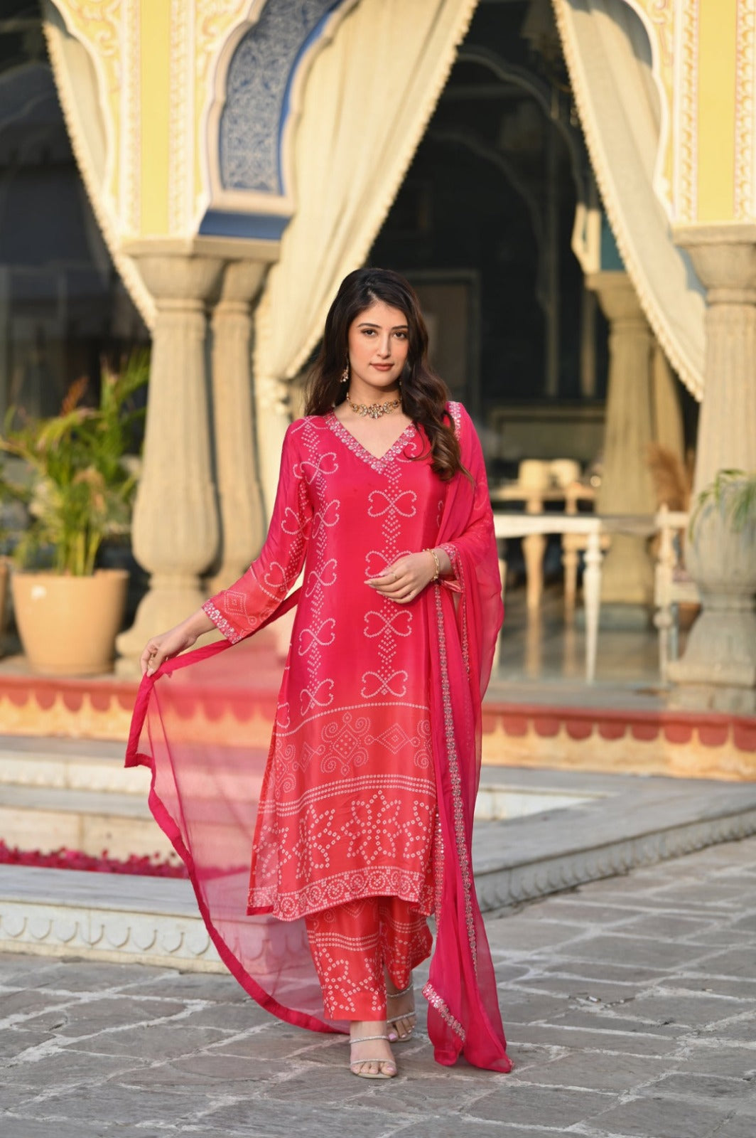 Pink chinon silk kurta and pant set with Embroidered work dupatta