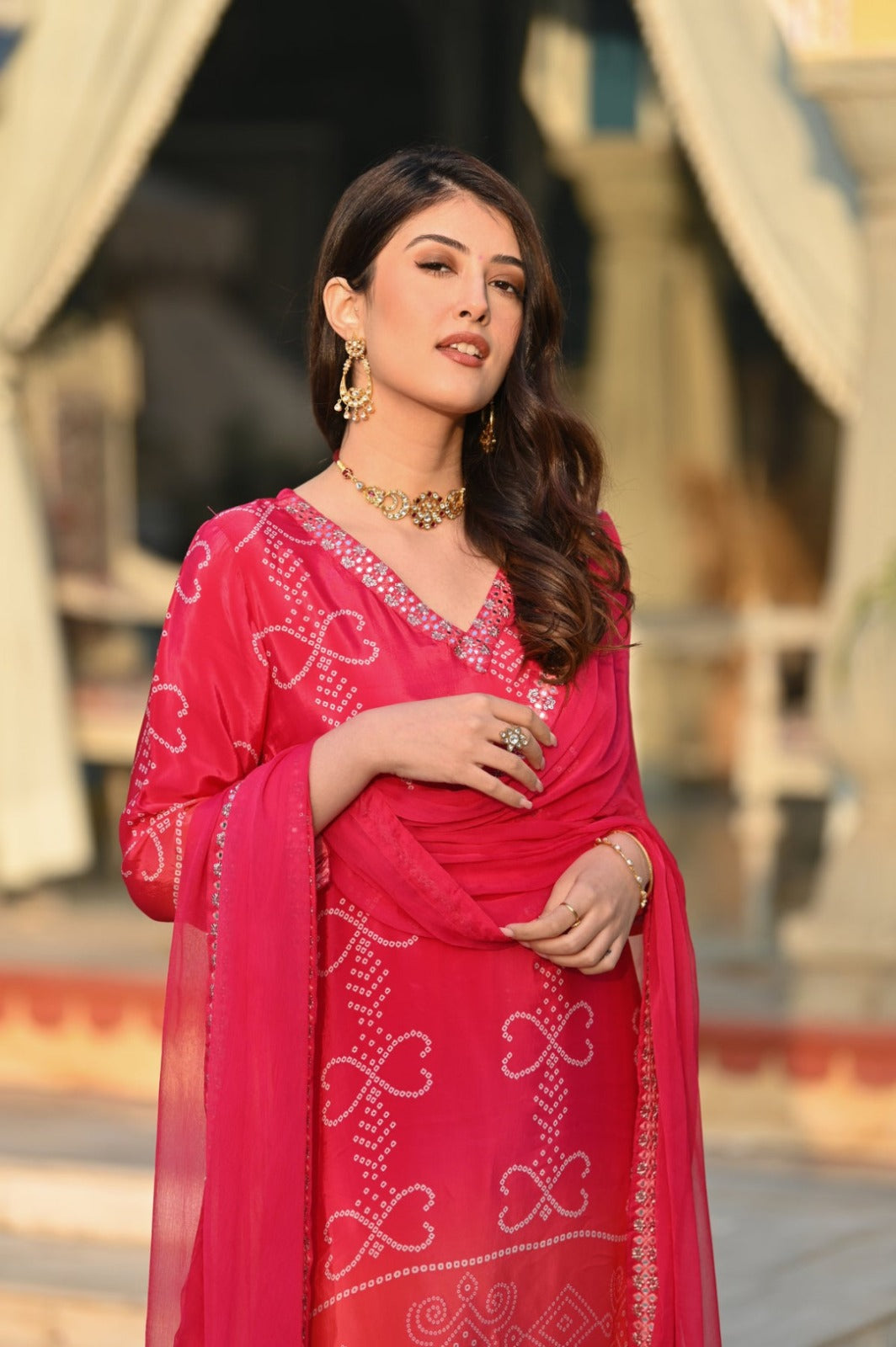 Pink chinon silk kurta and pant set with Embroidered work dupatta