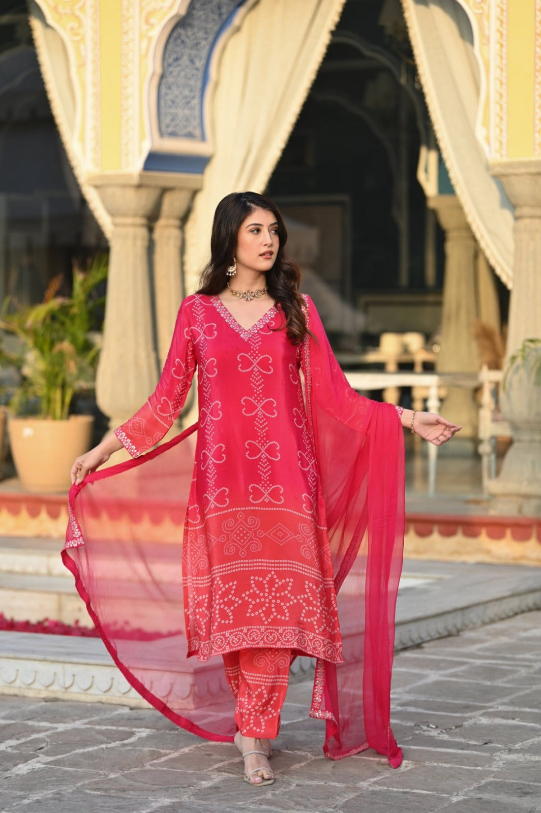 Pink chinon silk kurta and pant set with Embroidered work dupatta