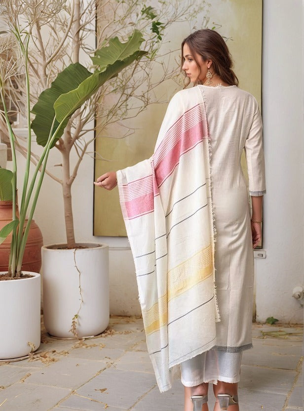 White soft cotton kurta and pant set with Jacquard work dupatta